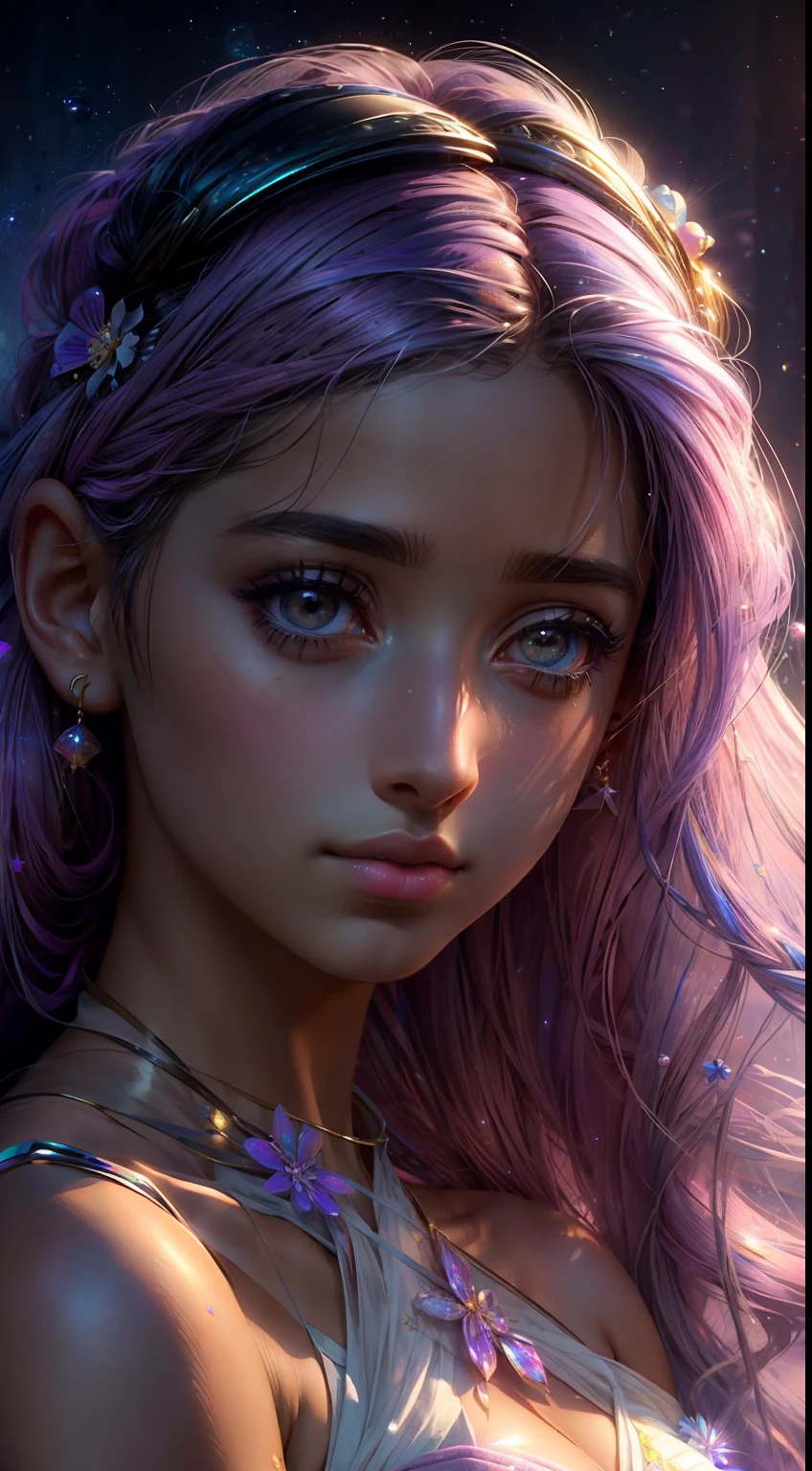 ((masterpiece)). This artwork is sweet, dreamy and ethereal, with soft pink watercolor hues and candy accents. Generate a delicate and demure fae exploring a (bubblegum world with a wide variety of pastel shades). Her sweet face is extremely detailed and realistic with elegant features and a fierce expression, and looks like ((((naomi scott)))). Include mature features and stunning, highly realistic eyes. Her eyes are important and should be realistic, highly detailed, and beautiful. In high definition and detail, include lots of details like stars, galaxies, colorful bubbles, colorful petals, and lots of energy and emotion! The stars and colorful bubblegum bubbles are important! Include fantasy details, enhanced details, iridescence, colorful glittering wind, and pollen. Pay special attention to her face and make sure it is beautifully and realistically detailed. The image should be dreamy and ethereal.8k, intricate, elegant, highly detailed, majestic, digital photography