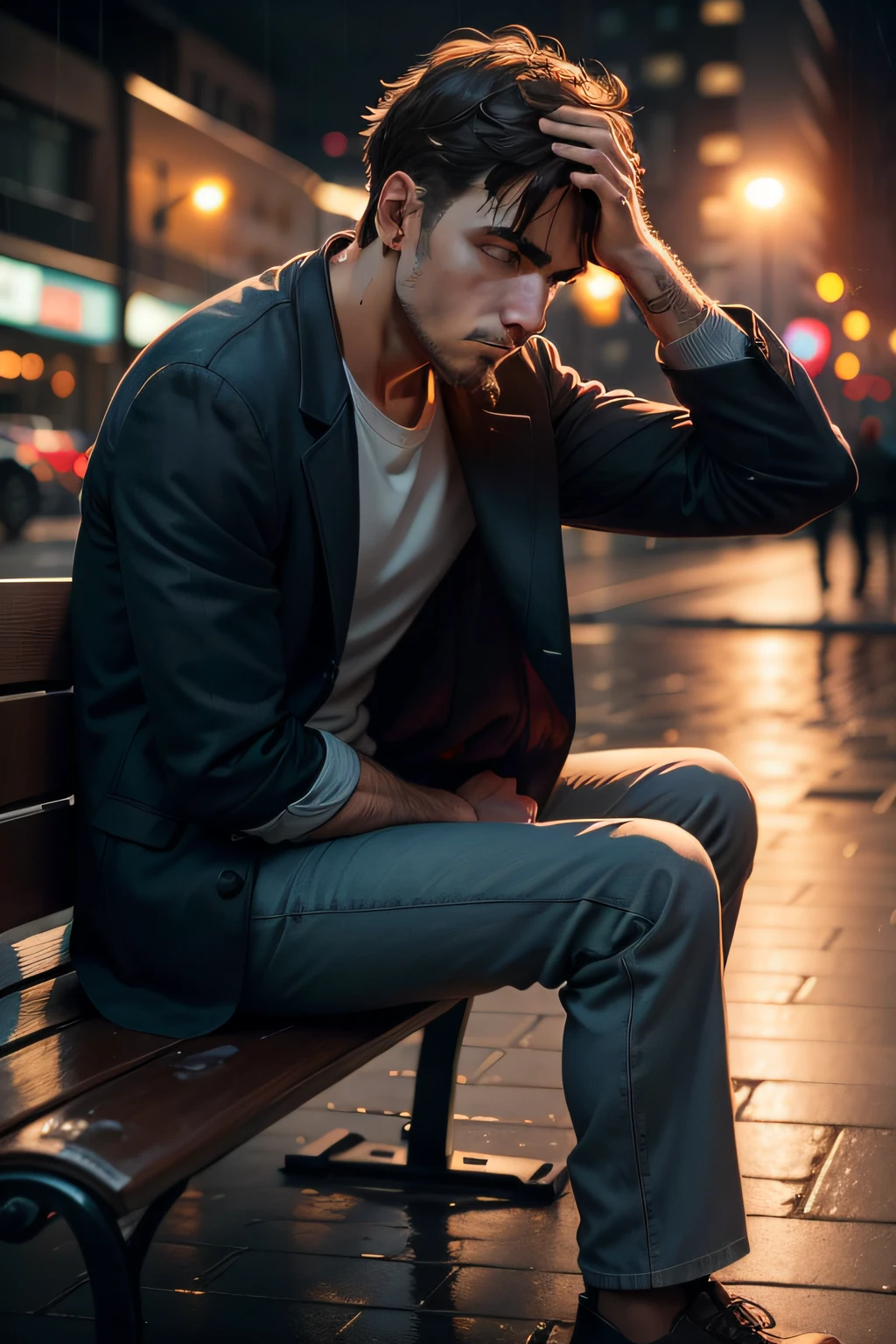 Man with both hands on his head sitting on a bench on his back in the rain at dusk