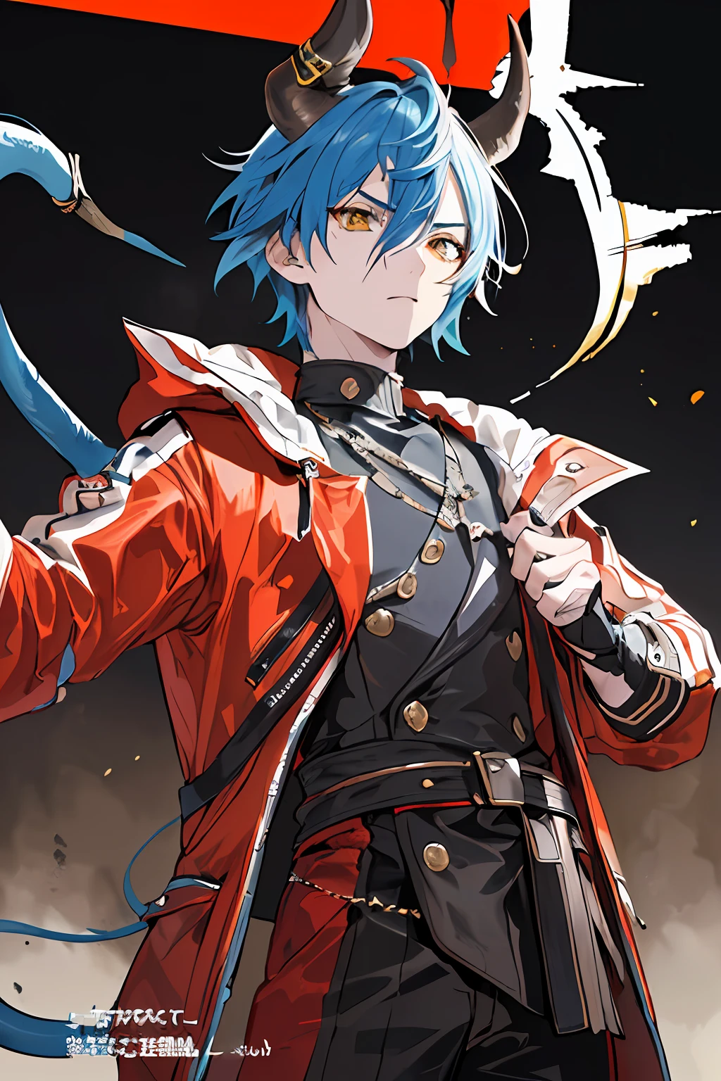 ((((dramatic))), (((severe))), (((intensive))) Movie poster with the best quality image, super detailed illustration, the perfect body,(1 teenage boy:1.2), (Bull ears and tail:1.2), Long horns, Short Hair Hair, dnd, biker clothing, Blue hair. He stands confidently in the center of the poster, dressed in a stylish and daring outfit, with a determined expression on his face. The background is dark and sandy, with a sense of danger and tension. The text turned out to be bold and attracted attention, with a catchy slogan, which adds to the overall feeling of drama and excitement. The color palette is mostly dark with splashes of bright colors, which gives the poster a dynamic and visually striking look, tachi-e (magazine: 1.3), (Cover style: 1.3), fashionable, woman's, The vibrant, Attire, Posing, on front, colourful, dynamic, Background, items, cocky, expression, hold, application, accessory, Orus, convolute, Runt, touch, stage, text, cover art, fat, Attention-grabbing, name, stylish, font, catchy, heading, plus, The vibrant, contemporary, fashionable, focus, moda,