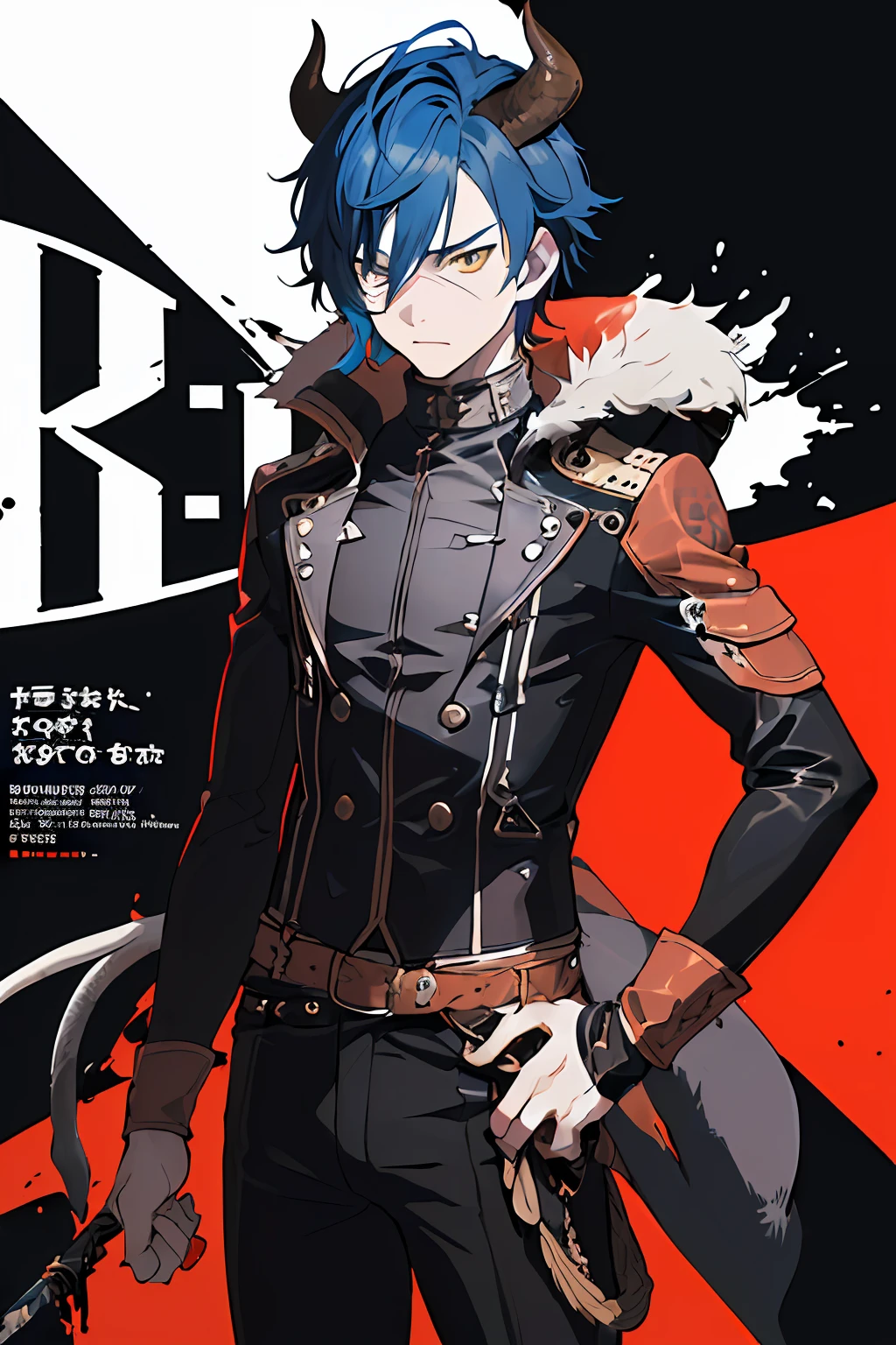 ((((dramatic))), (((severe))), (((intensive))) Movie poster with the best quality image, super detailed illustration, the perfect body,(1 teenage boy:1.2), (Bull ears and tail:1.2), Long horns, Short Hair Hair, dnd, biker clothing, Blue hair. He stands confidently in the center of the poster, dressed in a stylish and daring outfit, with a determined expression on his face. The background is dark and sandy, with a sense of danger and tension. The text turned out to be bold and attracted attention, with a catchy slogan, which adds to the overall feeling of drama and excitement. The color palette is mostly dark with splashes of bright colors, which gives the poster a dynamic and visually striking look, tachi-e (magazine: 1.3), (Cover style: 1.3), fashionable, woman's, The vibrant, Attire, Posing, on front, colourful, dynamic, Background, items, cocky, expression, hold, application, accessory, Orus, convolute, Runt, touch, stage, text, cover art, fat, Attention-grabbing, name, stylish, font, catchy, heading, plus, The vibrant, contemporary, fashionable, focus, moda,
