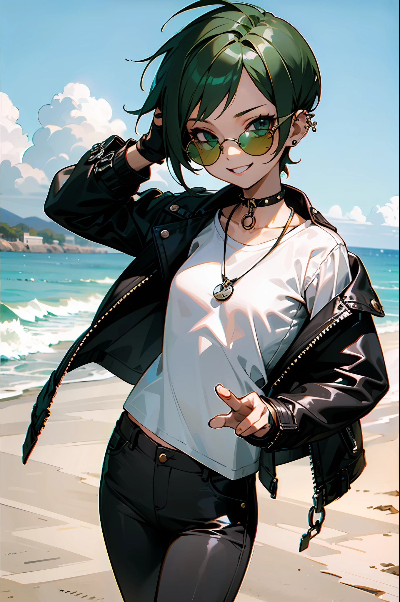girl, (emerald green short hairstyle), ((aviator sunglasses)), (((tomboy))), big smile, street bandit clothes, leather jacket, White T-shirt, small breasts, black leather jacket, street bandit pants with silver chain, spiked choker, piercing ears, Fingerless gloves, peace sigh, against the beach, glasses lowered, easy for live2D, flat art