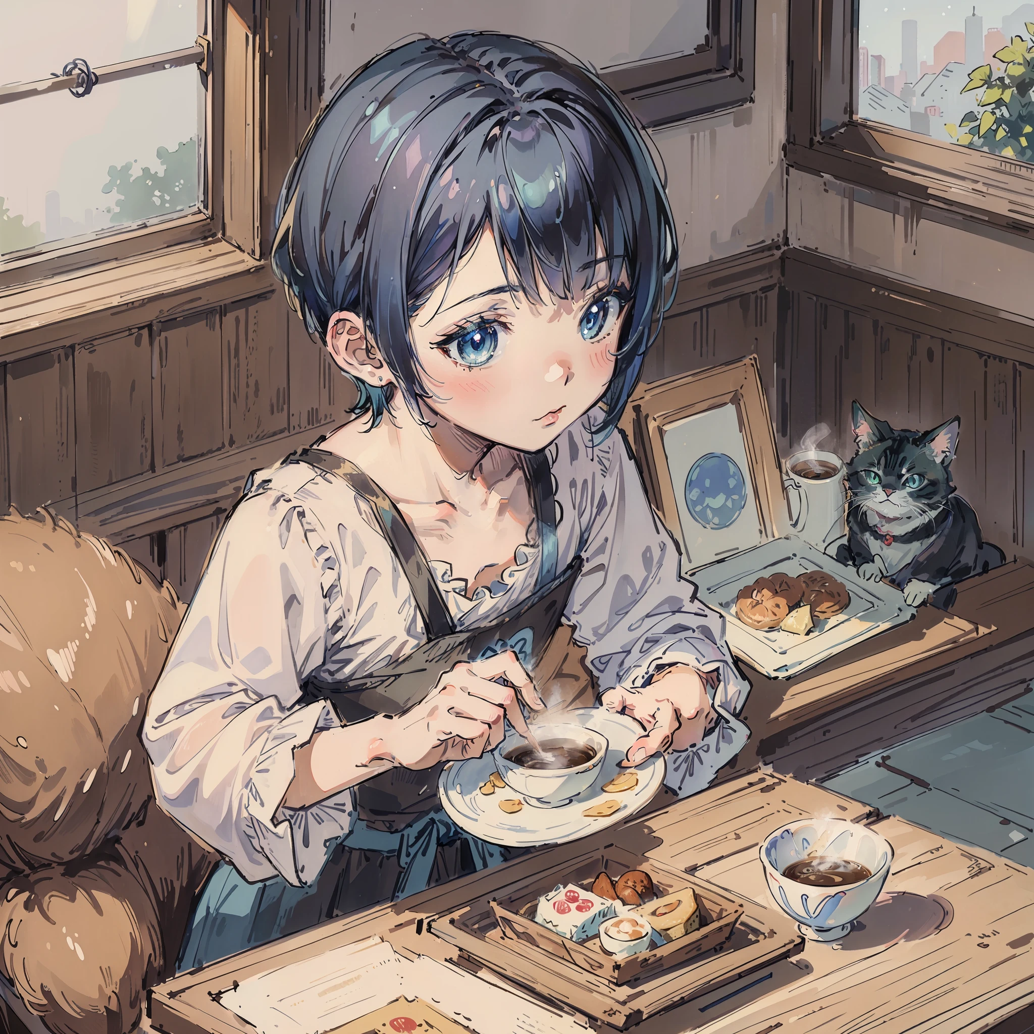 (Best quality1.2、masutepiece)、coffee、breakfast、A stunning、Take a cute cat)、kawaii、short-cut、Light blue hair(Iridescent hair 1.2)、