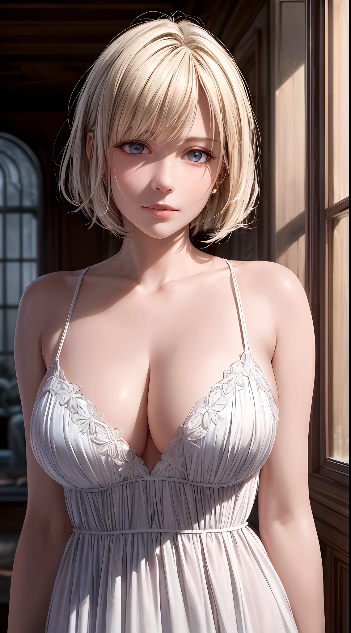 ((((masterpiece, best quality, high resolution)))), Extremely detailed 8K, Beautiful girl with voluptuous body, (Ultra HD, Ultra-detailed, Highly detailed, Highly realistic, Ultra-realistic, photograph realistic), (1girl:1.5), (Realistic white hair), short wavy hair, bob cut, (dynamicposes), facing at camera, light smile, parted lips, purple eyes, average breasts, (beautiful detailed face, beautiful detailed eyes), satin white nightgown, glow, (sunbeam, sunlight)