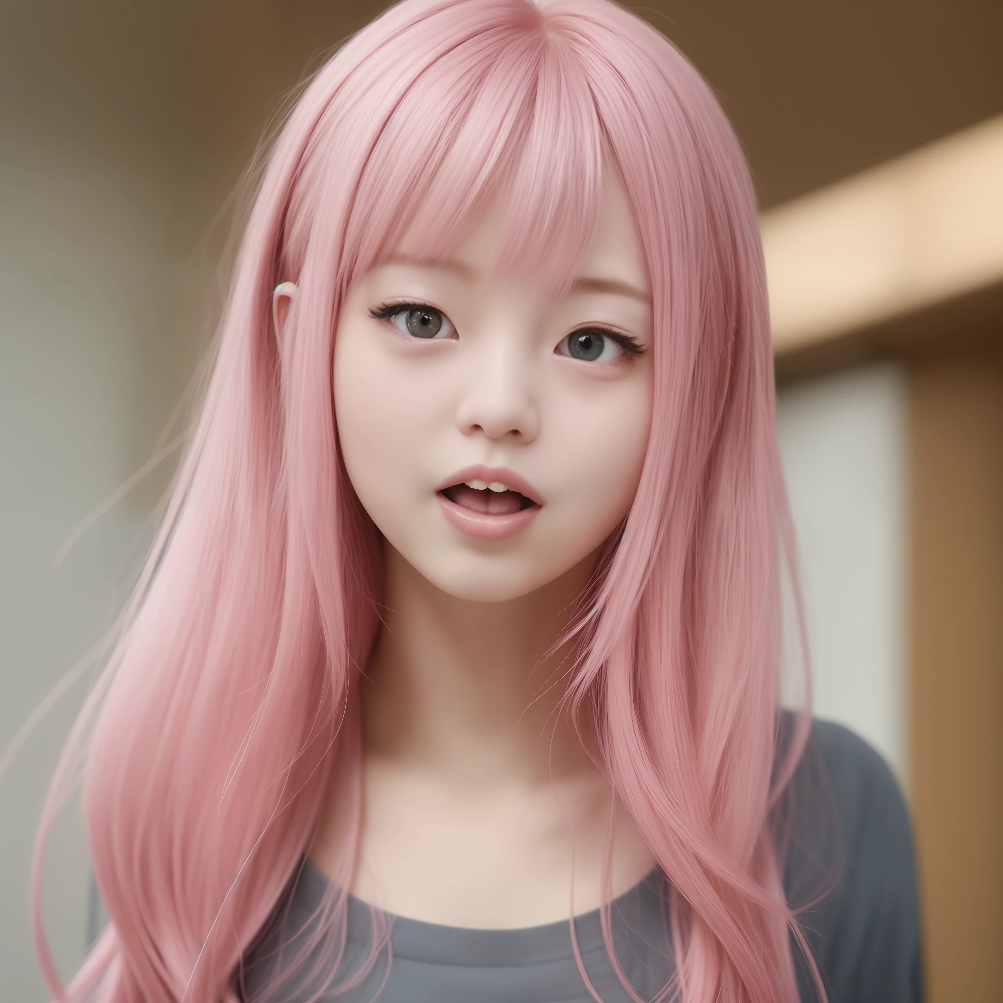 A pink-haired、length hair、Straight、faces、The upper part of the body。Forward-facing、laught、Opening Mouth