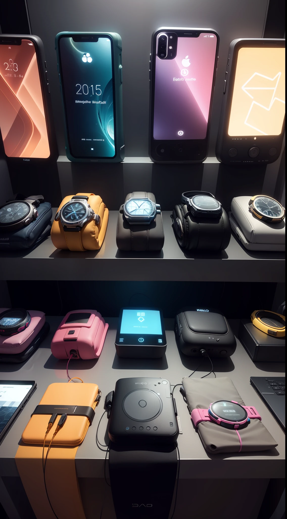 A visual representation of the electronics, with each one highlighted: a fancy digital watch, trendy headphones, surround speakers, and a variety of stylish phone cases.
( - no people )