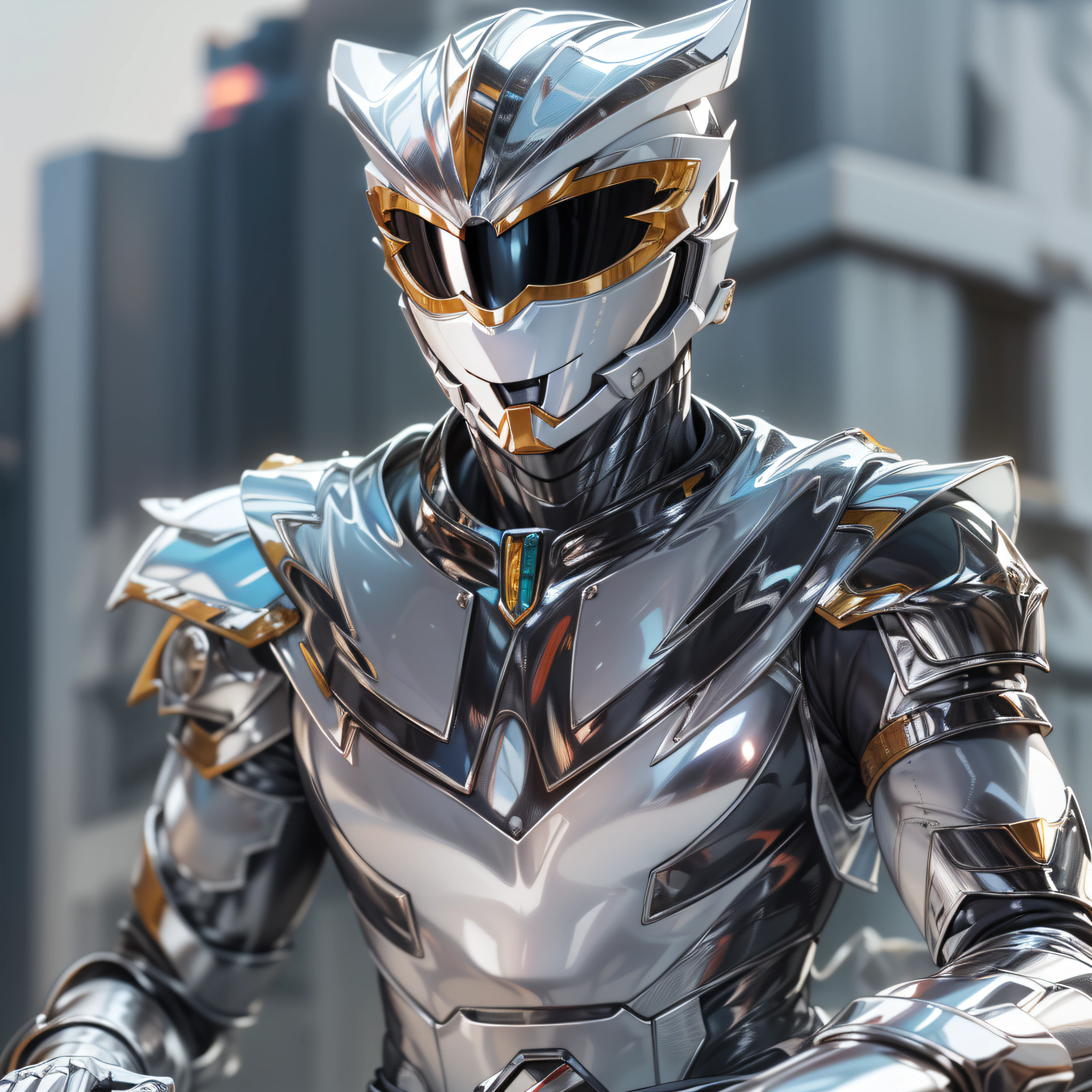 1man, masterpiece,best quality, masterpiece, high detail,detailed face,detailed eyes,rendered eyes,perfect eyes,hip lines,ambient occlusion,crisp image,detailed,amazing,8k,8k wallpaper,8k background,high detailed skin,high res, ((male shot)), (running), megazord, mecha, (sitting in megazord cockpit) ((solo)), (silver chrome male Power Ranger), (((silver chrome armor, silver chrome Fox helmet, silver chrome bodysuit, white belt, black eyes, white gloves))), (((white boots))), gold chrome armor, white gloves, silver chrome bodysuit, vambraces, photo-realistic, ultra-realistic, unreal engine,