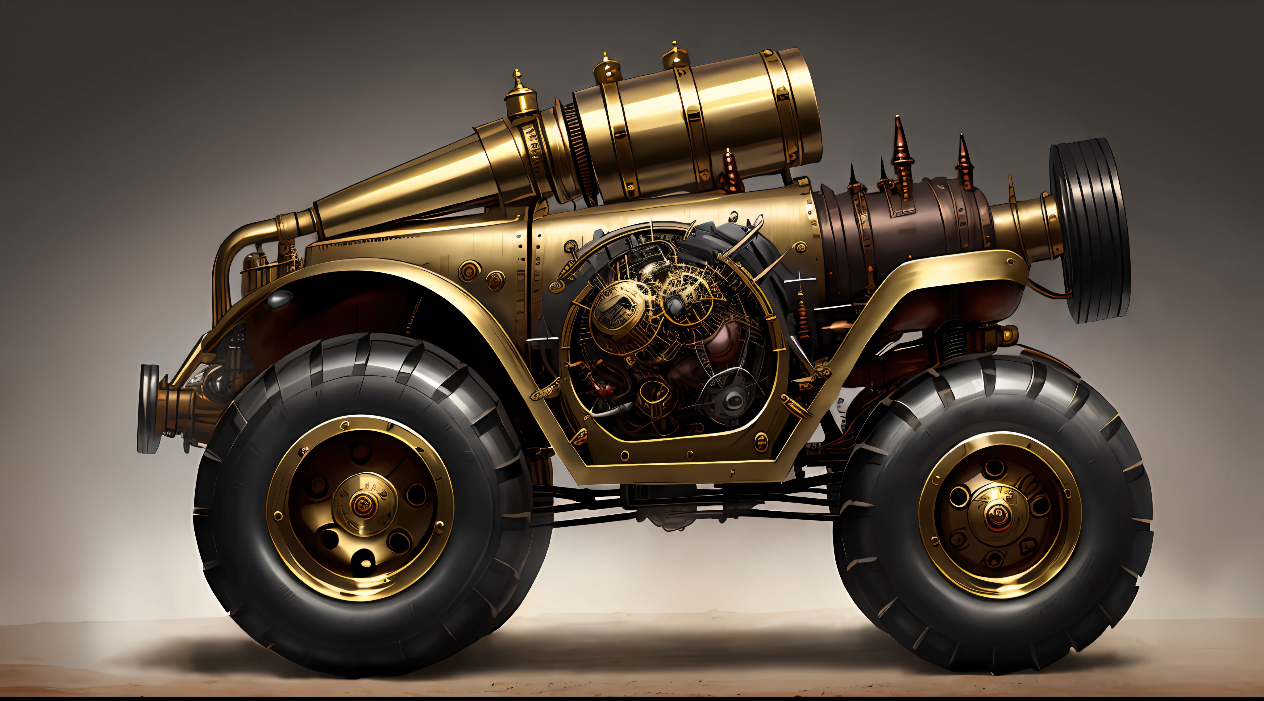 Steampunk monster trucks、from side view、brass、steel、Great photos of pipes、White background
