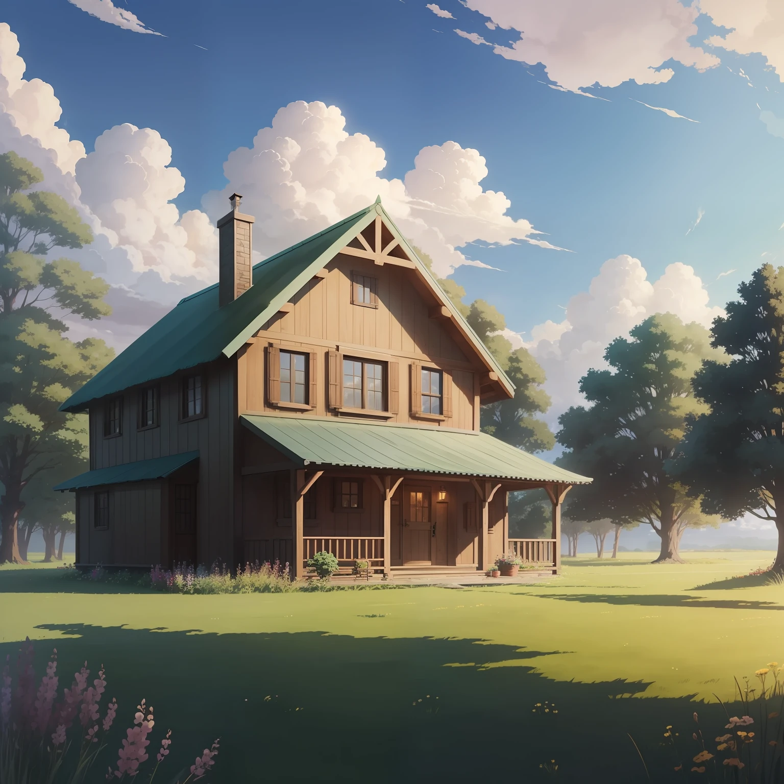 Cottage by the meadow , cozy scene, anime, clouds, photo realistic, hd, anime, ghibli studio