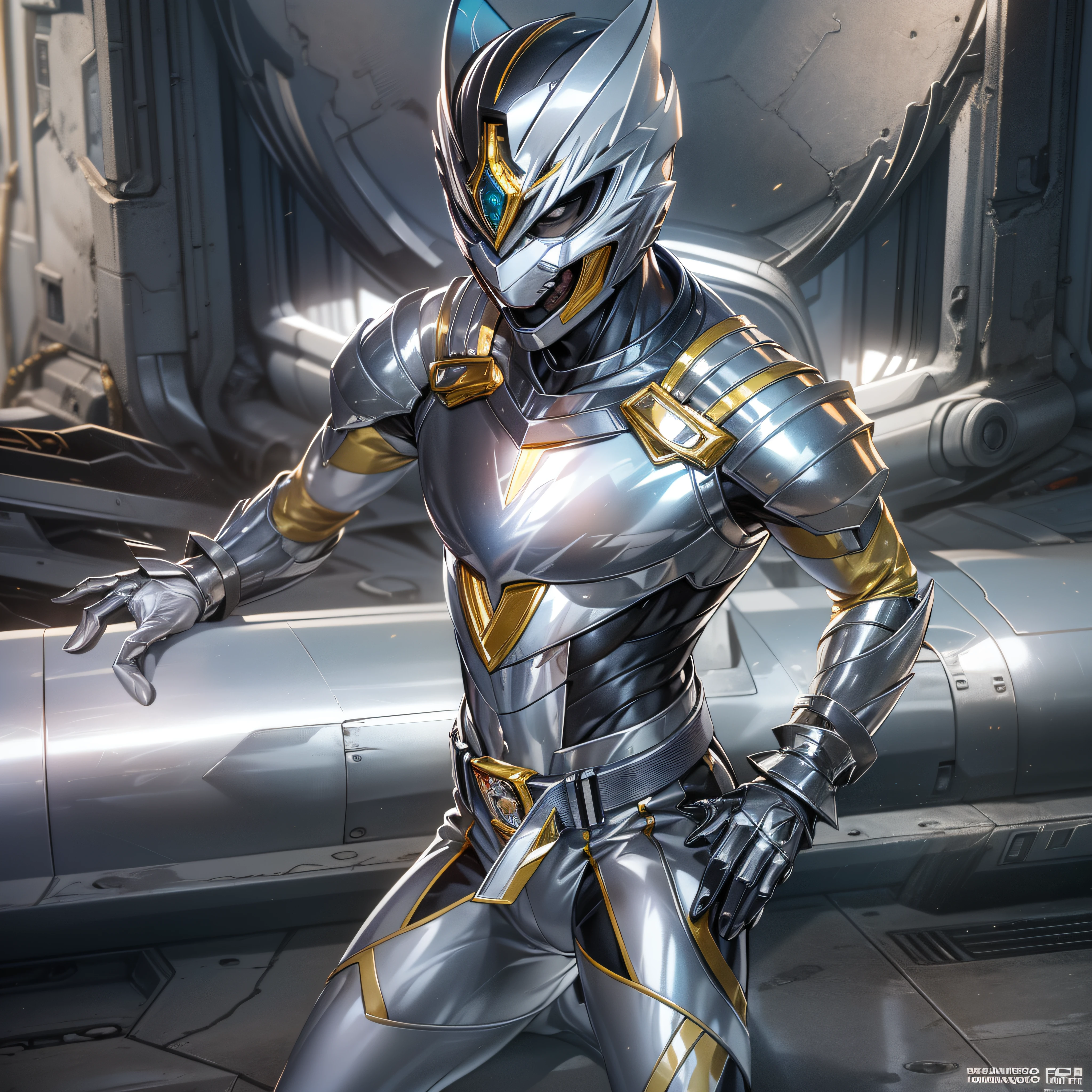 1man, masterpiece,best quality, masterpiece, high detail,detailed face,detailed eyes,rendered eyes,perfect eyes,hip lines,ambient occlusion,crisp image,detailed,amazing,8k,8k wallpaper,8k background,high detailed skin,high res, ((male shot)), (running), megazord, mecha, (sitting in megazord cockpit) ((solo)), (silver chrome male Power Ranger), (((silver chrome armor, silver chrome Fox helmet, silver chrome bodysuit, white belt, black eyes, white gloves))), (((white boots))), gold chrome armor, white gloves, silver chrome bodysuit, vambraces, photo-realistic, ultra-realistic, unreal engine,