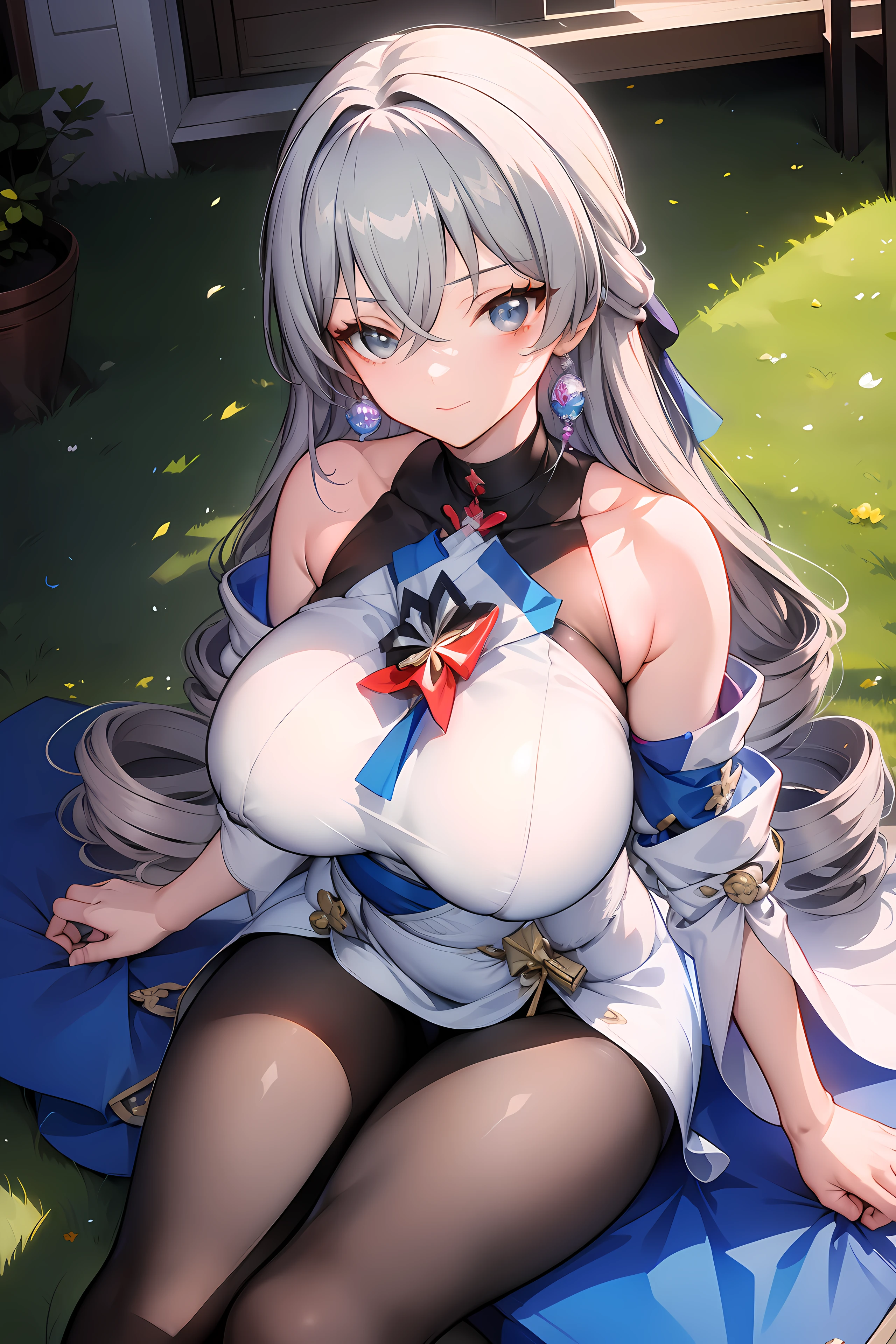 (masterpiece),best quality, expressive eyes, perfect face, 1girl,
big breast, H-cup, good breast, beautiful, gorgeous,anime,girl,lora, 
 nipple visible  though clothes,ph bronya,
1girl,
solo,
earrings,
long hair,
grey hair,
drill hair,
grey eyes,pantyhose,w sitting, w sitting on ground, legs on ground