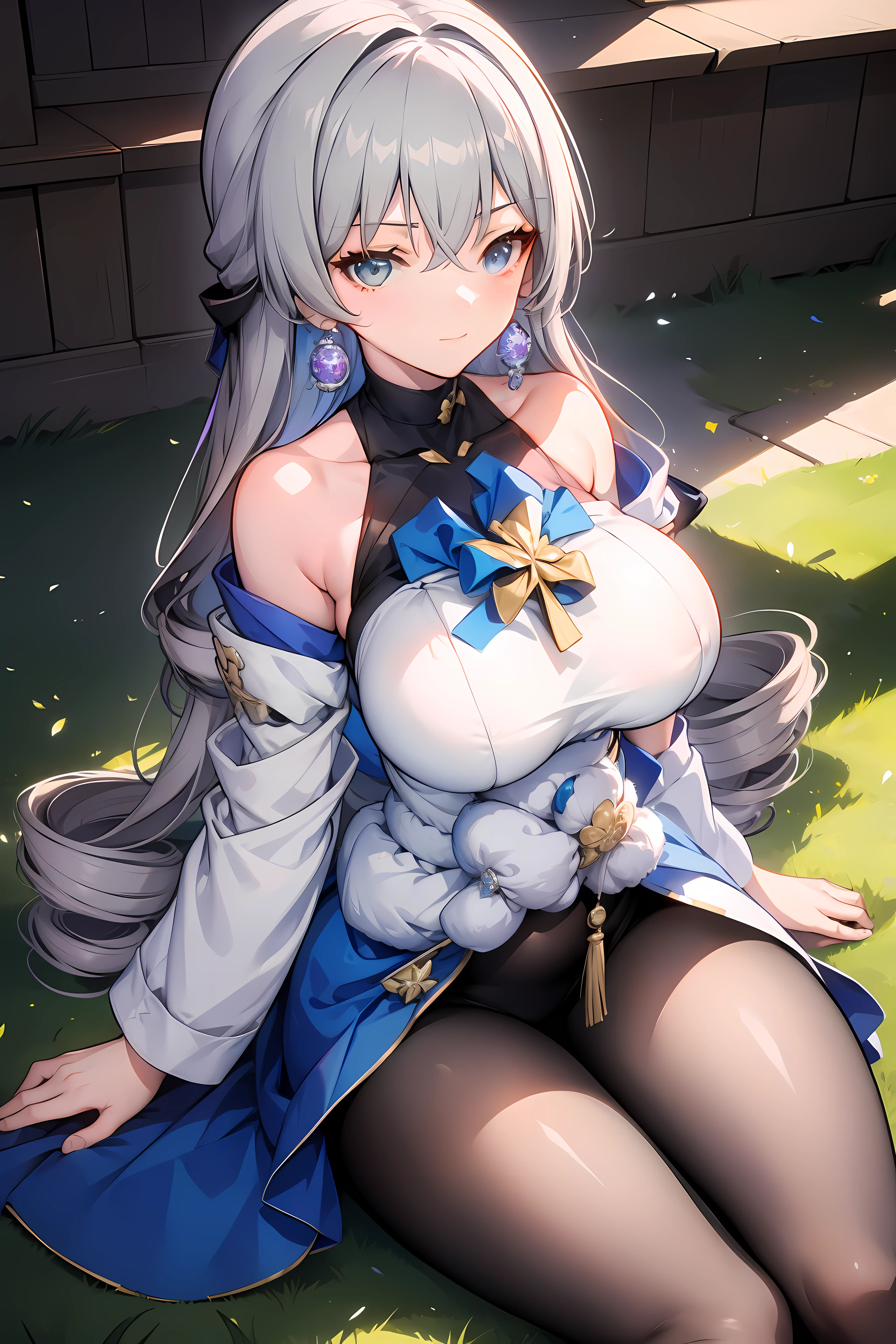 (masterpiece),best quality, expressive eyes, perfect face, 1girl,
big breast, H-cup, good breast, beautiful, gorgeous,anime,girl,lora, 
 nipple visible  though clothes,ph bronya,
1girl,
solo,
earrings,
long hair,
grey hair,
drill hair,
grey eyes,pantyhose,w sitting, w sitting on ground, legs on ground
