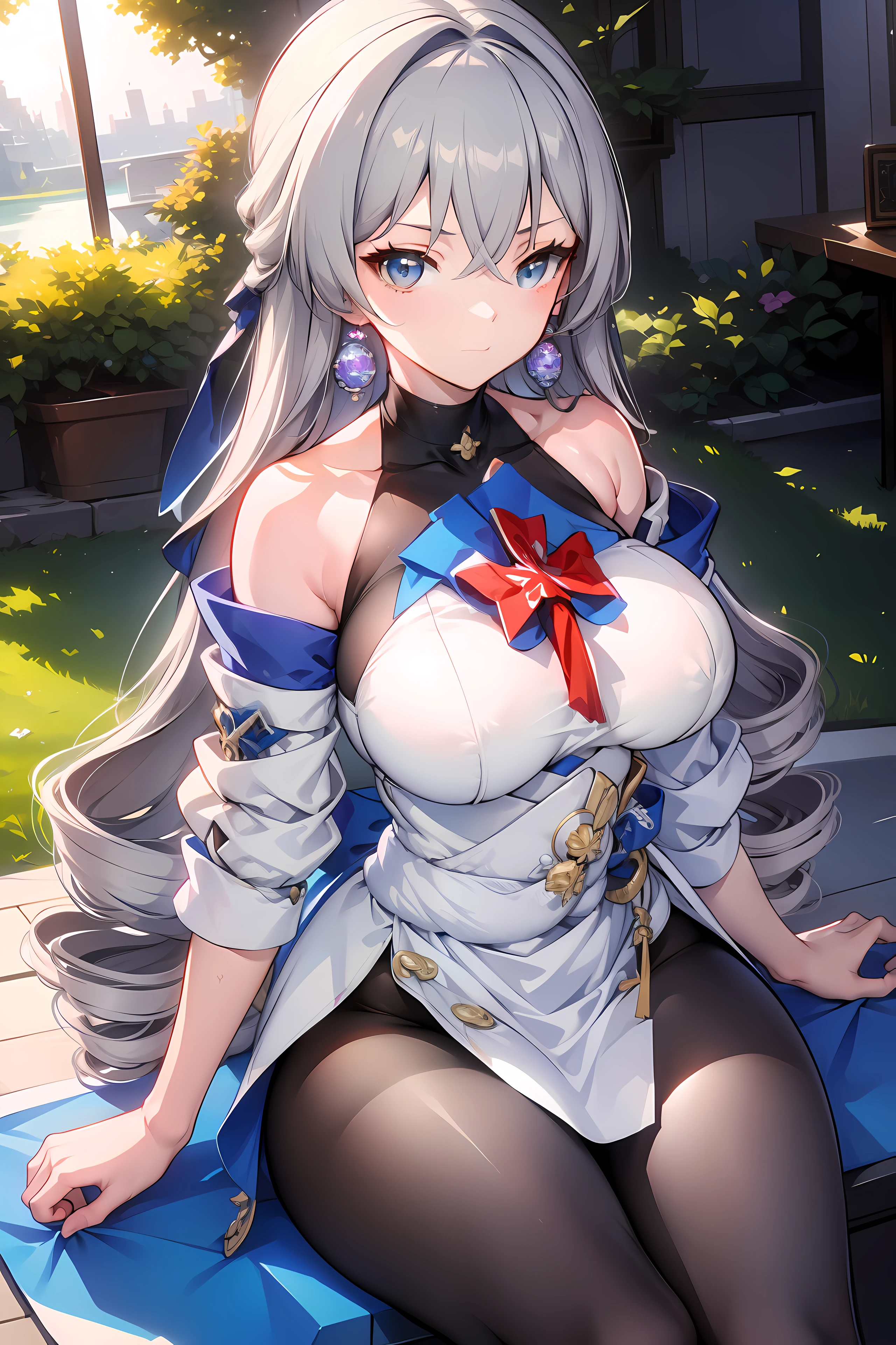 (masterpiece),best quality, expressive eyes, perfect face, 1girl,
big breast, H-cup, good breast, beautiful, gorgeous,anime,girl,lora, 
 nipple visible  though clothes,ph bronya,
1girl,
solo,
earrings,
long hair,
grey hair,
drill hair,
grey eyes,pantyhose,w sitting, w sitting on ground, legs on ground