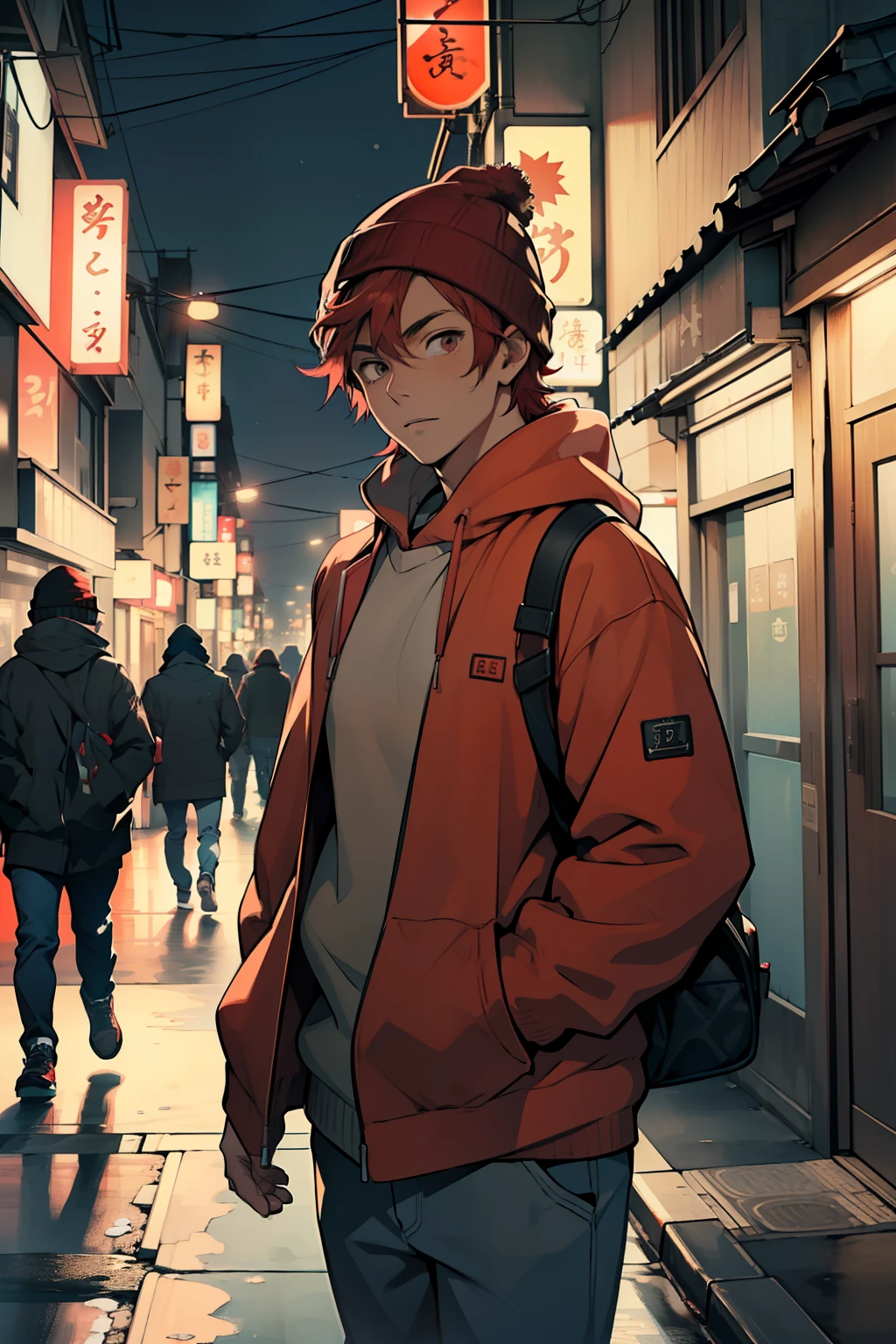 ((melhor qualidade)), ((obra-prima)), (altamente detalhado:1.3) A boy with blood-red hair, brown eyes, wearing a winter beanie and a baby blue sweatshirt, walking the streets of Tokyo in winter at night;