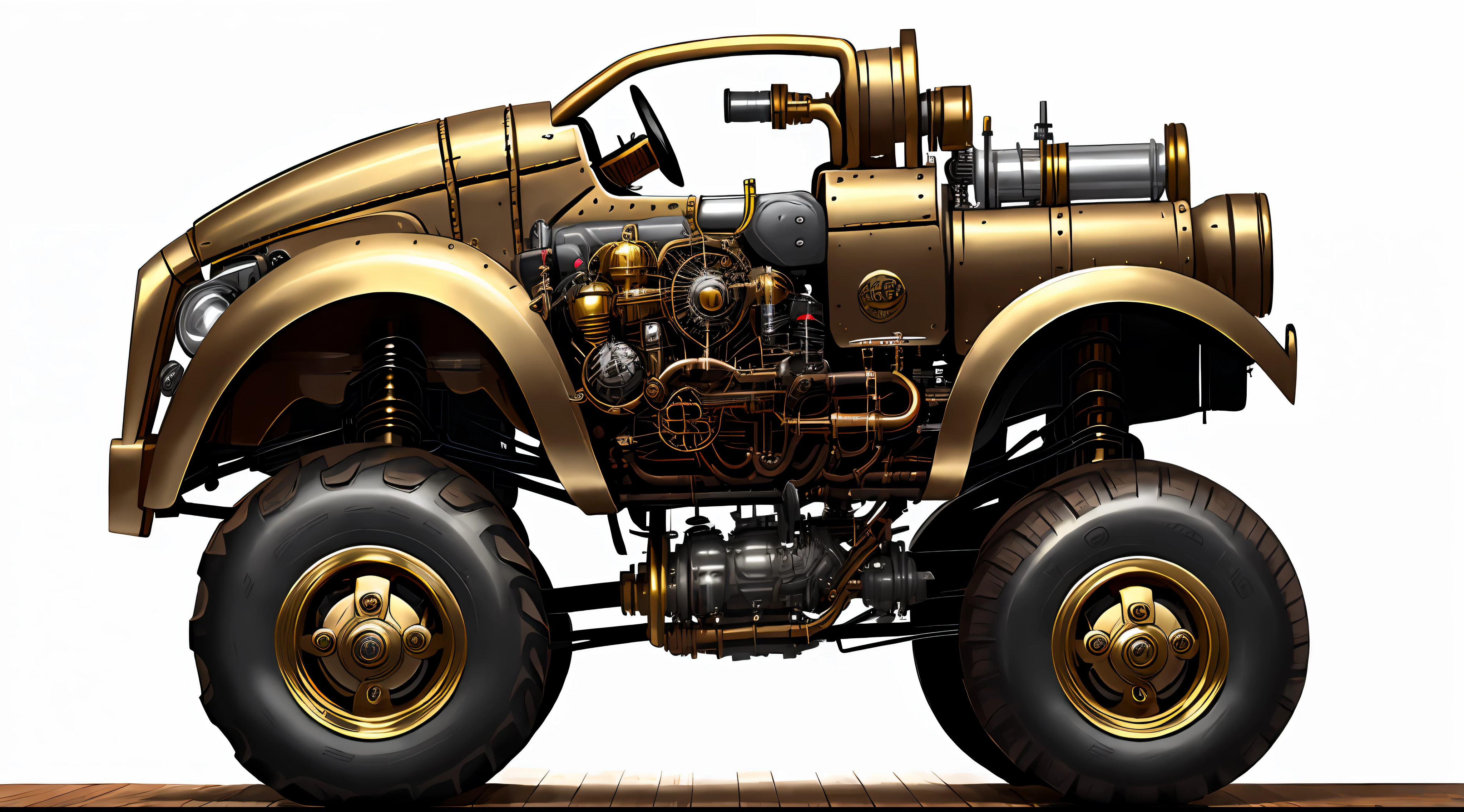Steampunk monster trucks、from side view、brass、steel、Great photos of pipes、White background