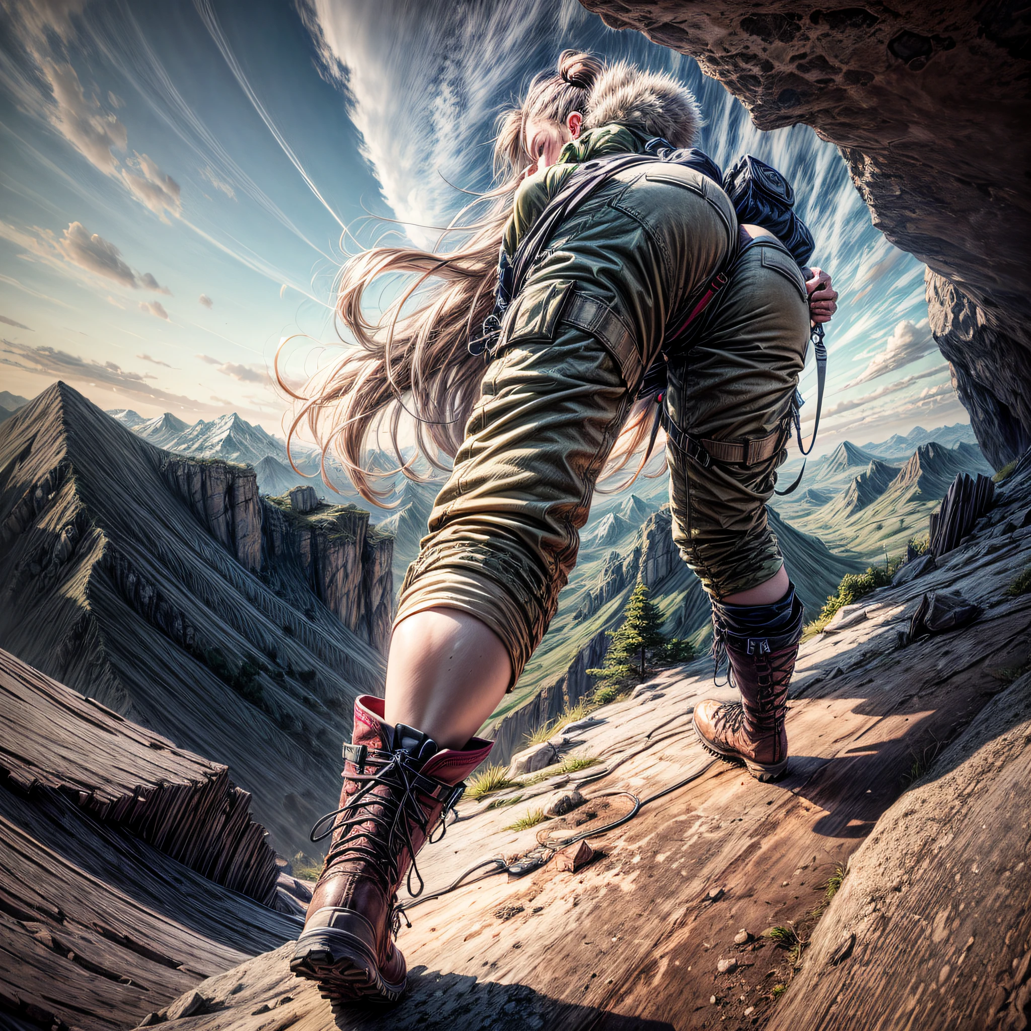 masterpiece, best_quality, 1girl, long blonde hair, solo, beautiful military woman clinging to a cliff wall doing mountain climbing, with torn clothes, clothes in pieces, remnants of clothes, sweat, excessive sweat, sweaty body, drops of sweat on the body , hair showing, mountain climber boot, black hair, well-defined thighs, boot sole, back view, bottom-up view from the soles, isometric perspective, focus on the butt, possible to see the sky while climbing.