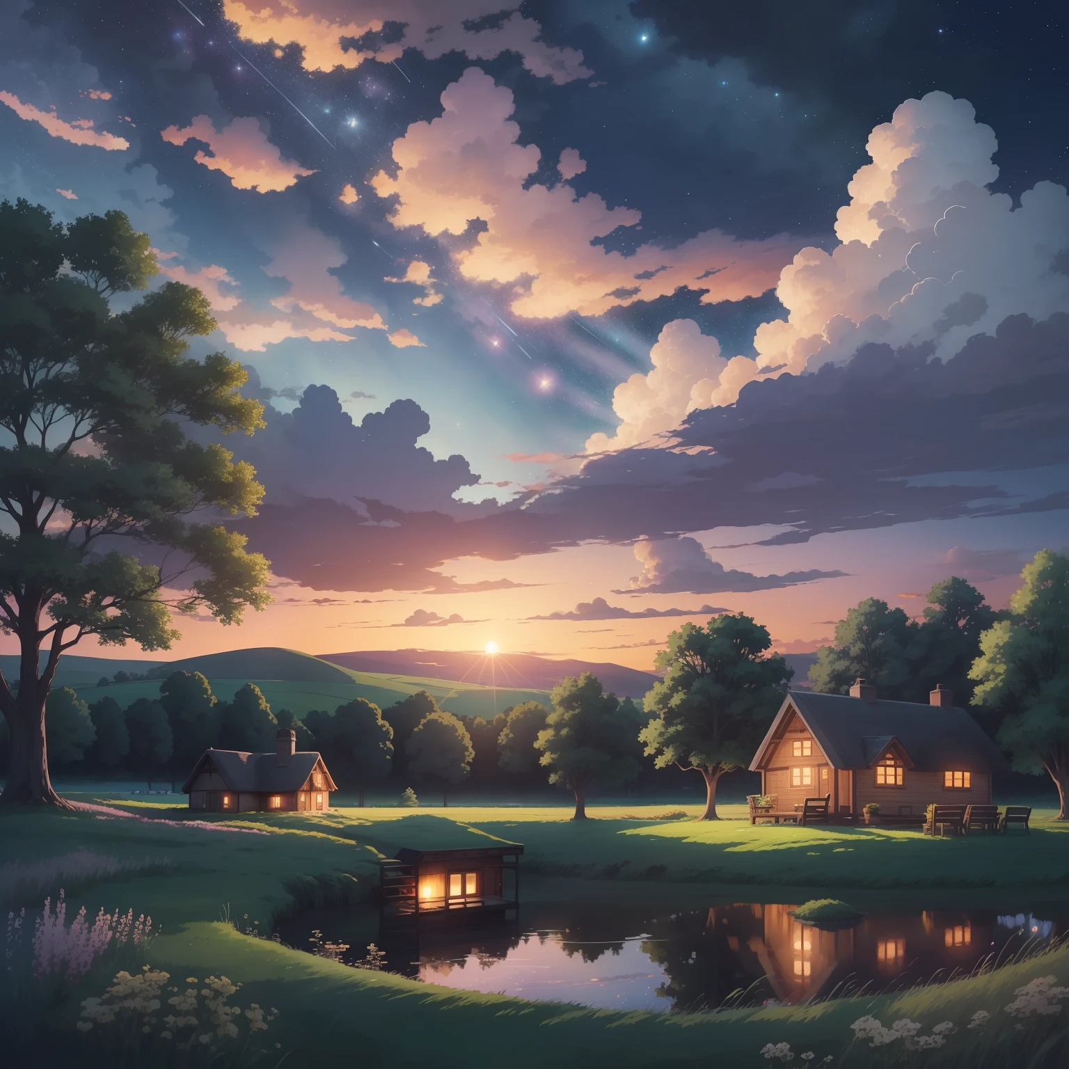 Cottage by the meadow , cozy scene, anime, clouds, starry sky, sunset, photo realistic, hd, anime, ghibli studio