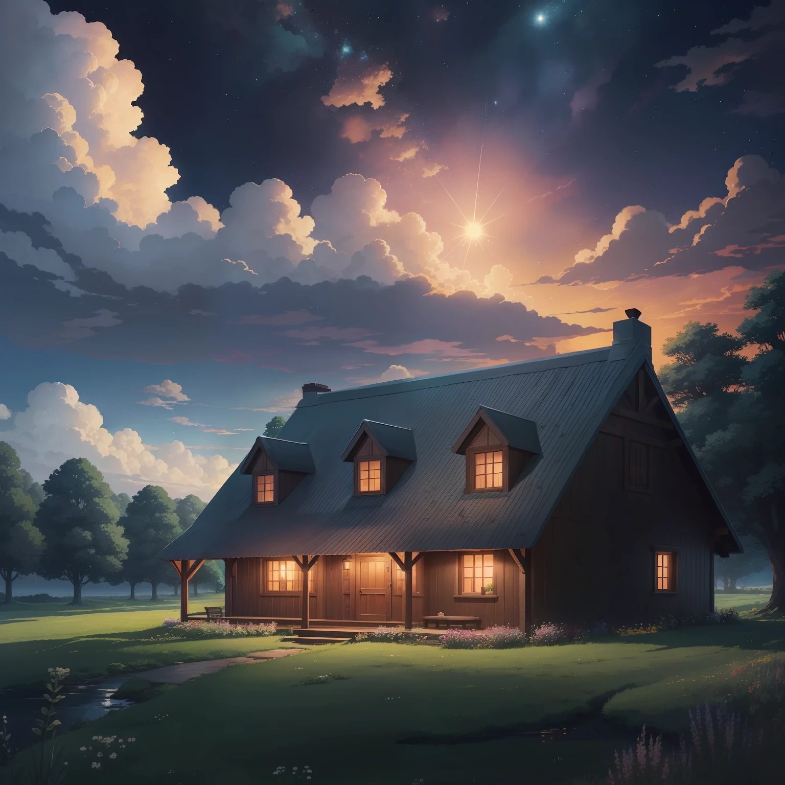 Cottage by the meadow , cozy scene, anime, clouds, starry sky, sunset, photo realistic, hd, anime, ghibli studio