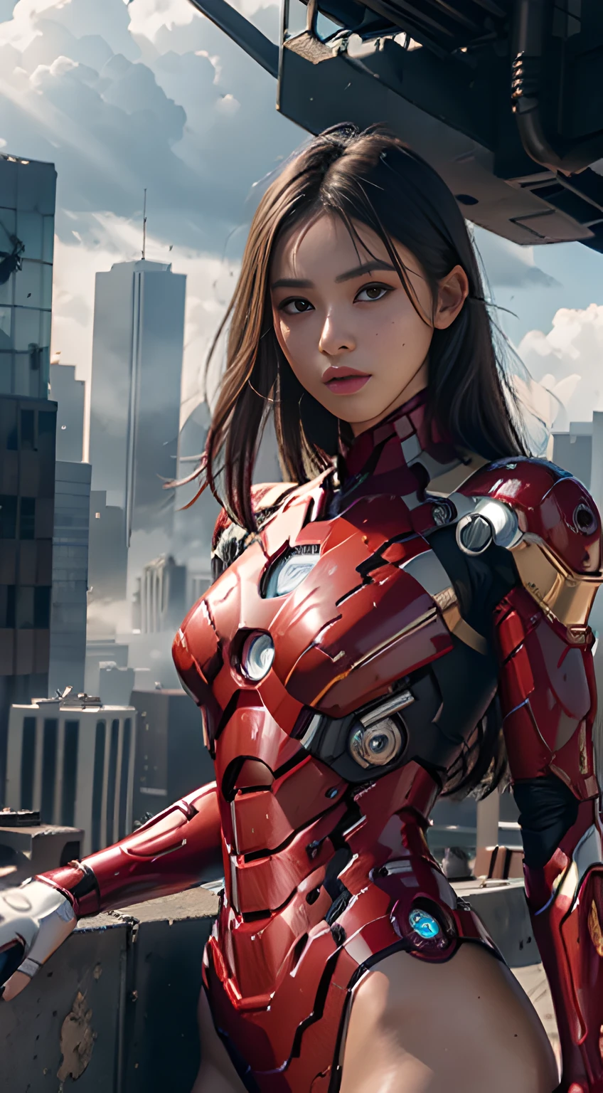 RAW, Masterpiece, Ultra Fine Photo,, Best Quality, Ultra High Resolution, Photorealistic, Sunlight, Full Body Portrait, Stunningly Beautiful,, Dynamic Poses, Delicate Face, Vibrant Eyes, (Side View) , she is wearing a futuristic Iron Man mech, red and gold color scheme, highly detailed abandoned warehouse background, detailed face, detailed and complex busy background, messy, gorgeous, milky white, high detailed skin, realistic skin details, visible pores , sharp focus, volumetric fog, 8k uhd, dslr camera, high quality, film grain, fair skin, photorealism, lomography, sprawling metropolis in futuristic dystopia, view from below, translucent