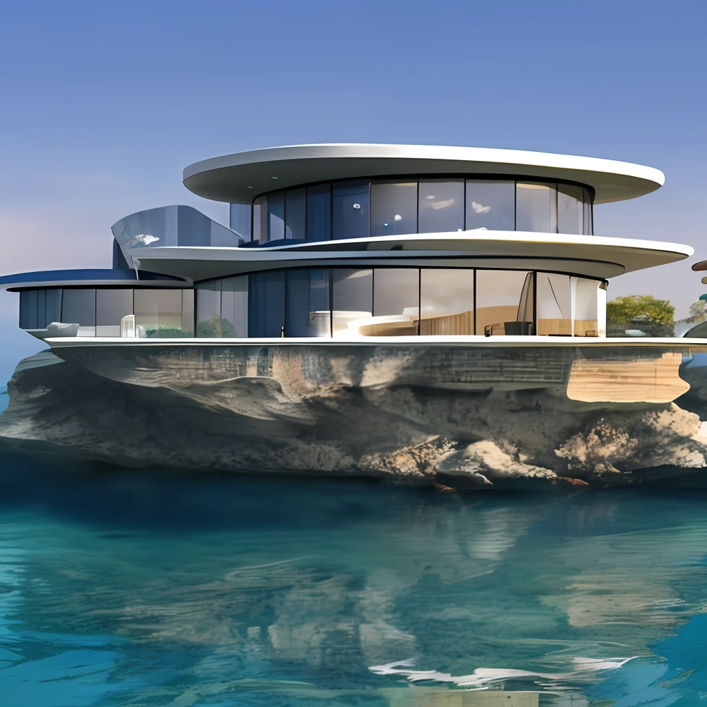 five storey futuristic rock house on a tiny island in the style of a castle, far from the mainland, in the middle of the Atlantic, high walls, high security, highly realistic, mirror windows, lots of palm trees, , --auto --s2