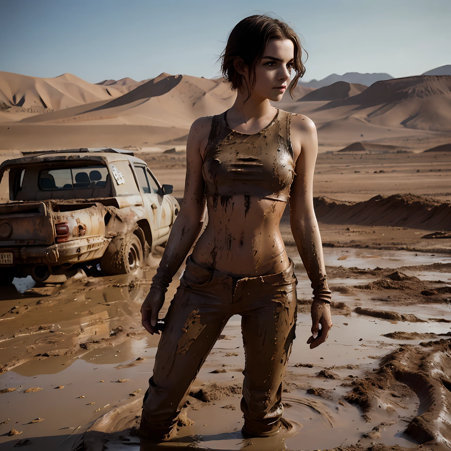 Beautiful, short black haired women, post apocalyptic style. Muddy. dirty. y. goth makeup. Ragged chlotes. hidden ero strong but slim body, detailed face. Angry, sand, wasteland, desert, mud. Weapon, cars sinking in mud, car stuck in mud. Muddy trial. She looks like mix of emma watson and emma stone and Mackenzie Davis.