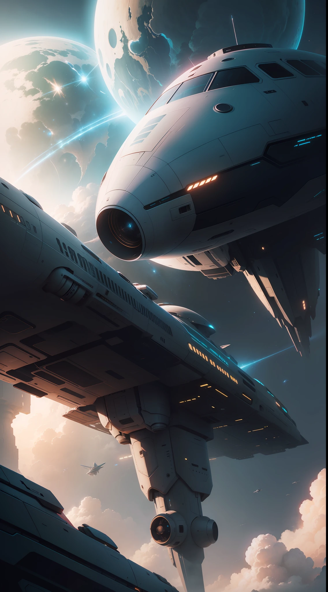 a futuristic space ship floating in the sky, a matte painting by Christopher Balaskas, cgsociety, space art, toonami, sci-fi, reimagined by industrial light and magic