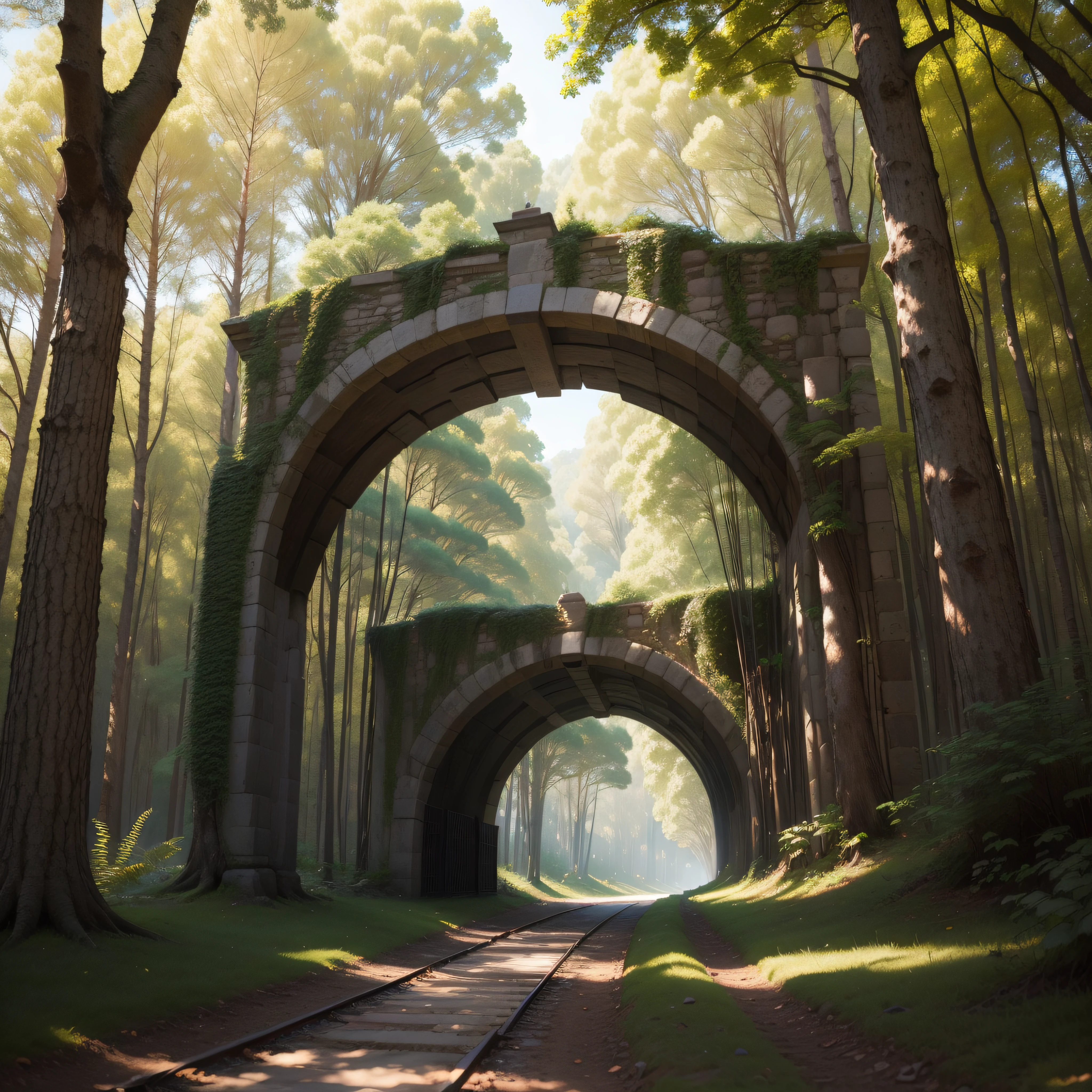 (extremadamente detallado, obra maestra, La mejor calidad), paisaje de bosque. en el cielo hay un agujero profundo del cual se ve un tunel. Daytime Lighting.