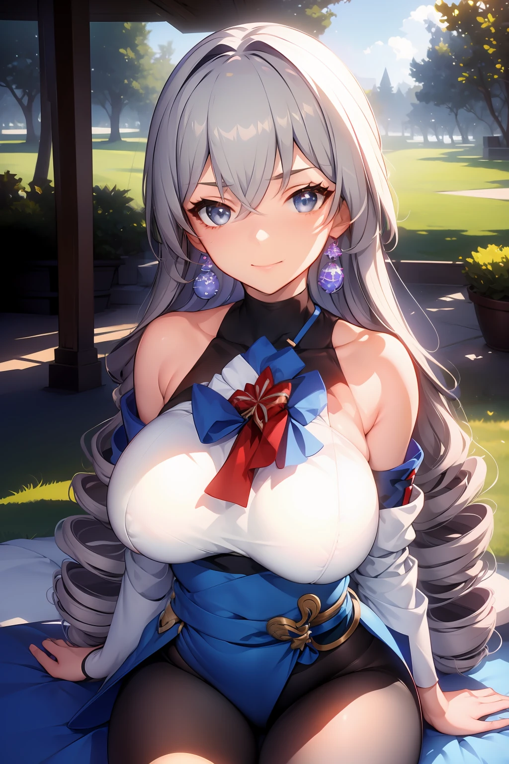 (masterpiece),best quality, expressive eyes, perfect face, 1girl,
big breast, H-cup, good breast, beautiful, gorgeous,anime,girl,lora, 
 nipple visible  though clothes,ph bronya,
1girl,
solo,
earrings,
long hair,
grey hair,
drill hair,
grey eyes,pantyhose,w sitting, w sitting on ground, legs on ground, hands between thighs, arms between legs, both arms between legs