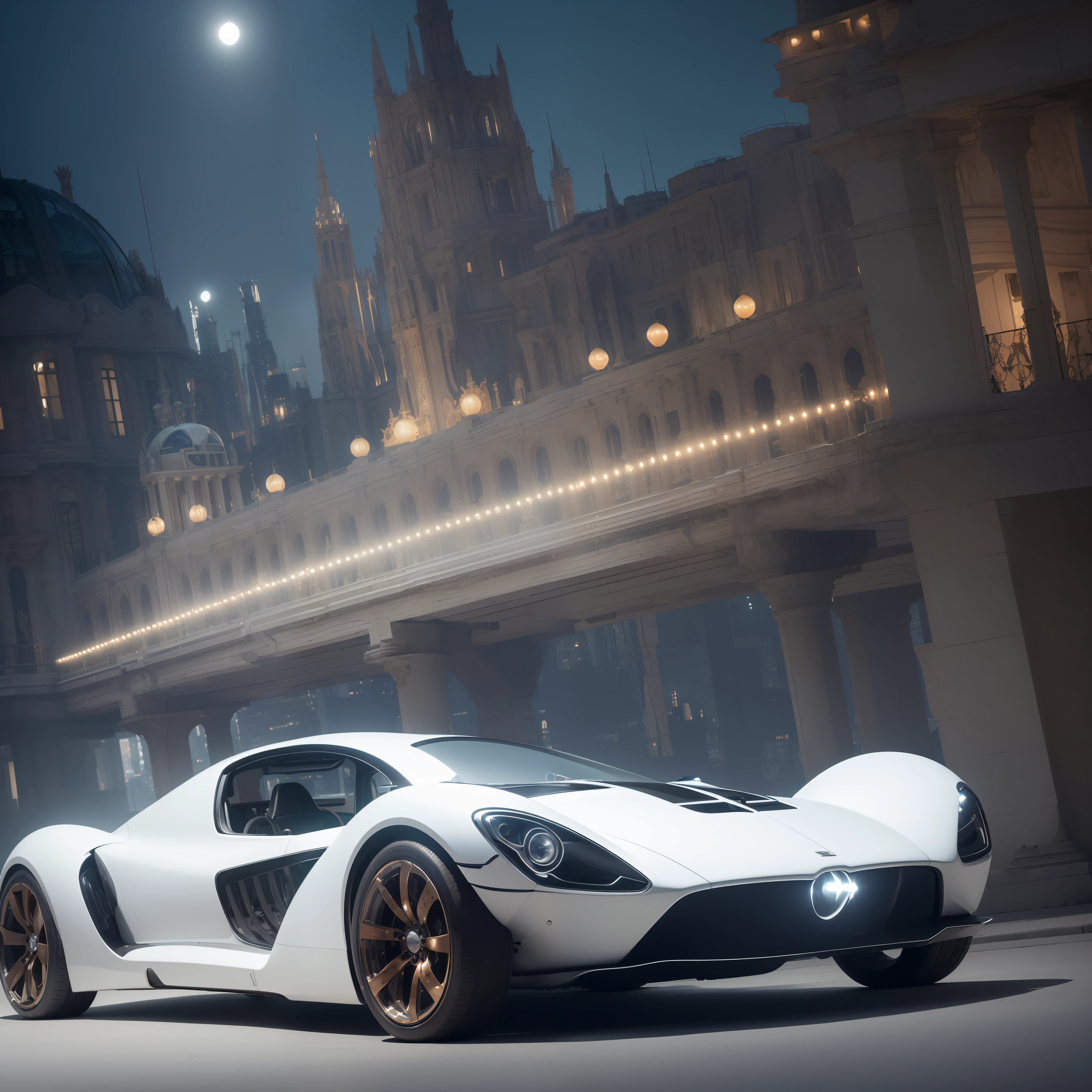 A wide shot of a minimalist biomechanical translucent opaque steampunk car, reminiscent of a car of the 40s of 1940, modern luxury yacht, pearl white and carbonfiber, LED lights, glowing headlights, gothic and baroque, Ellen Jewett, Josan González and Giuseppe Arcimboldo, zaha hadid, night city background