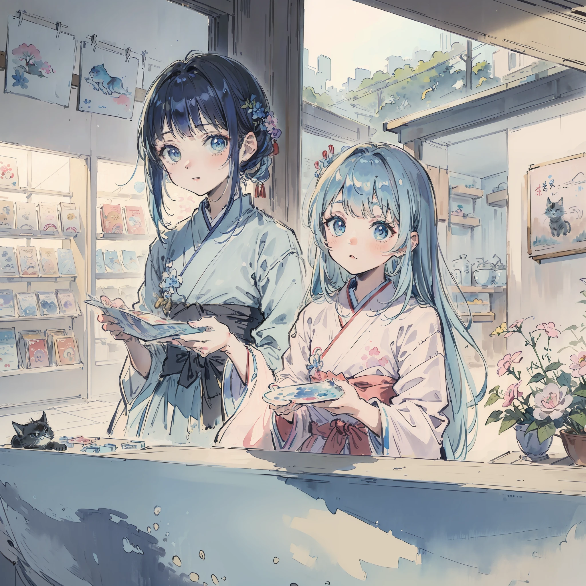 (Best quality1.2、masutepiece)、(watercolor paiting)、shopping、A stunning、Take a cute cat)、kawaii、Light blue hair(Iridescent hair 1.2)、