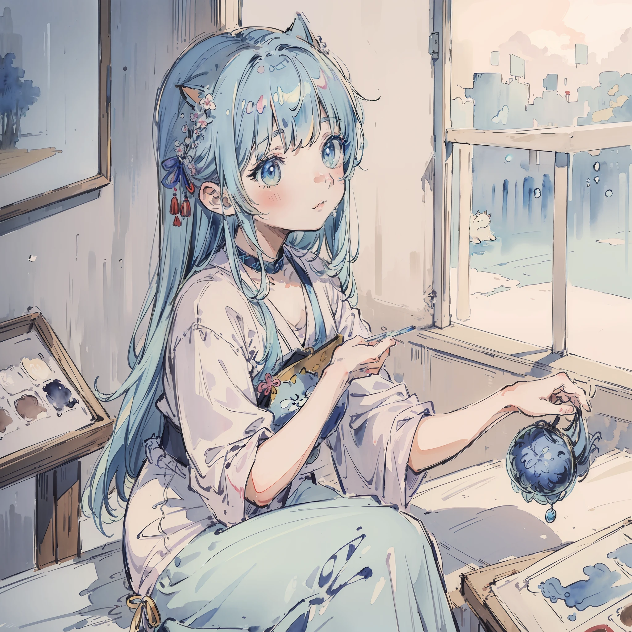 (Best quality1.2、masutepiece)、(watercolor paiting)、shopping、A stunning、Take a cute cat)、kawaii、Light blue hair(Iridescent hair 1.2)、