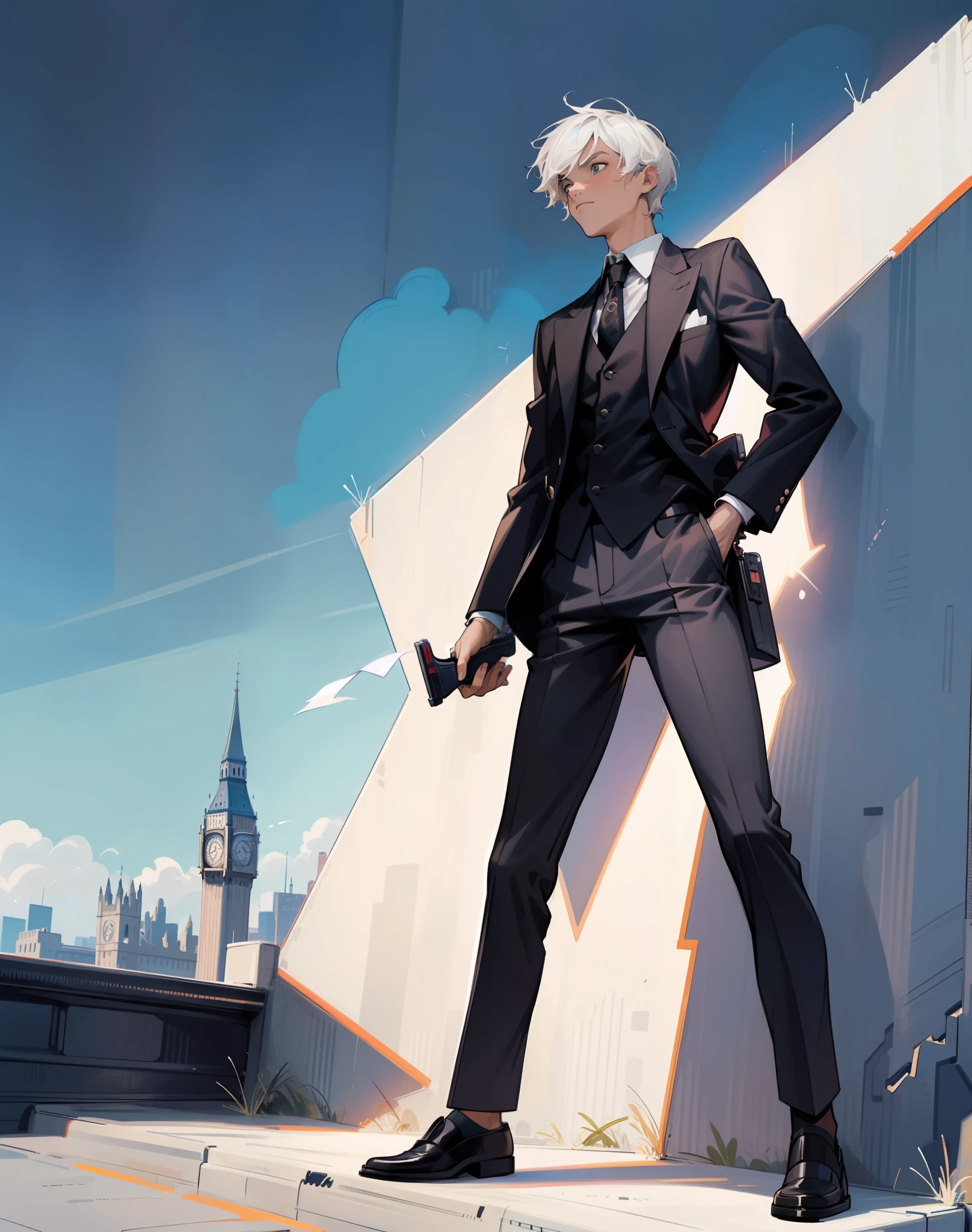 boy, detective, full body, 1boy, london in background, coat, big ban, gun, city, suit, scifi, modern (Andy Warhol:1.1), detailed eyes, sky, back wall