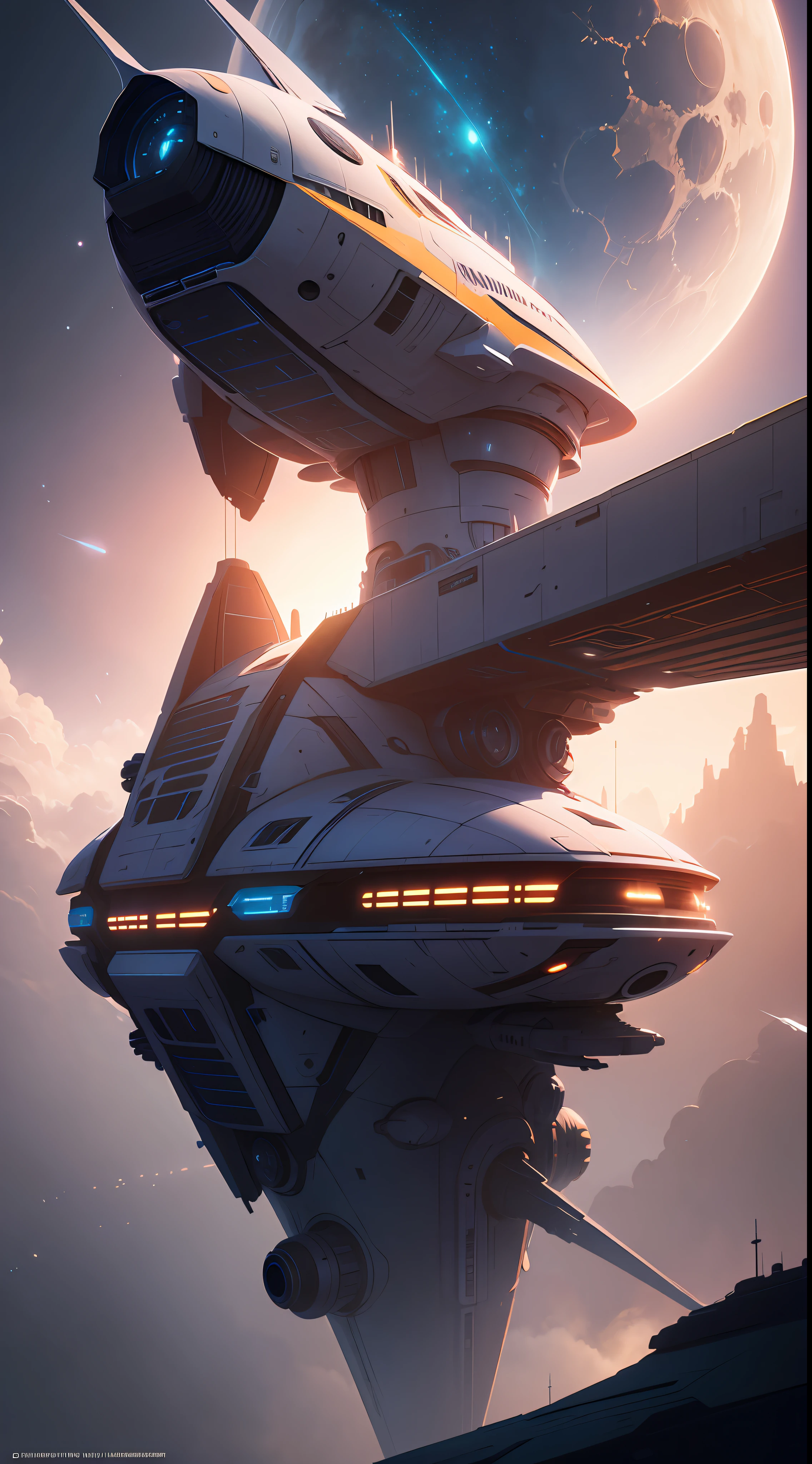 a futuristic space ship floating in the sky, a matte painting by Christopher Balaskas, cgsociety, space art, toonami, sci-fi, reimagined by industrial light and magic