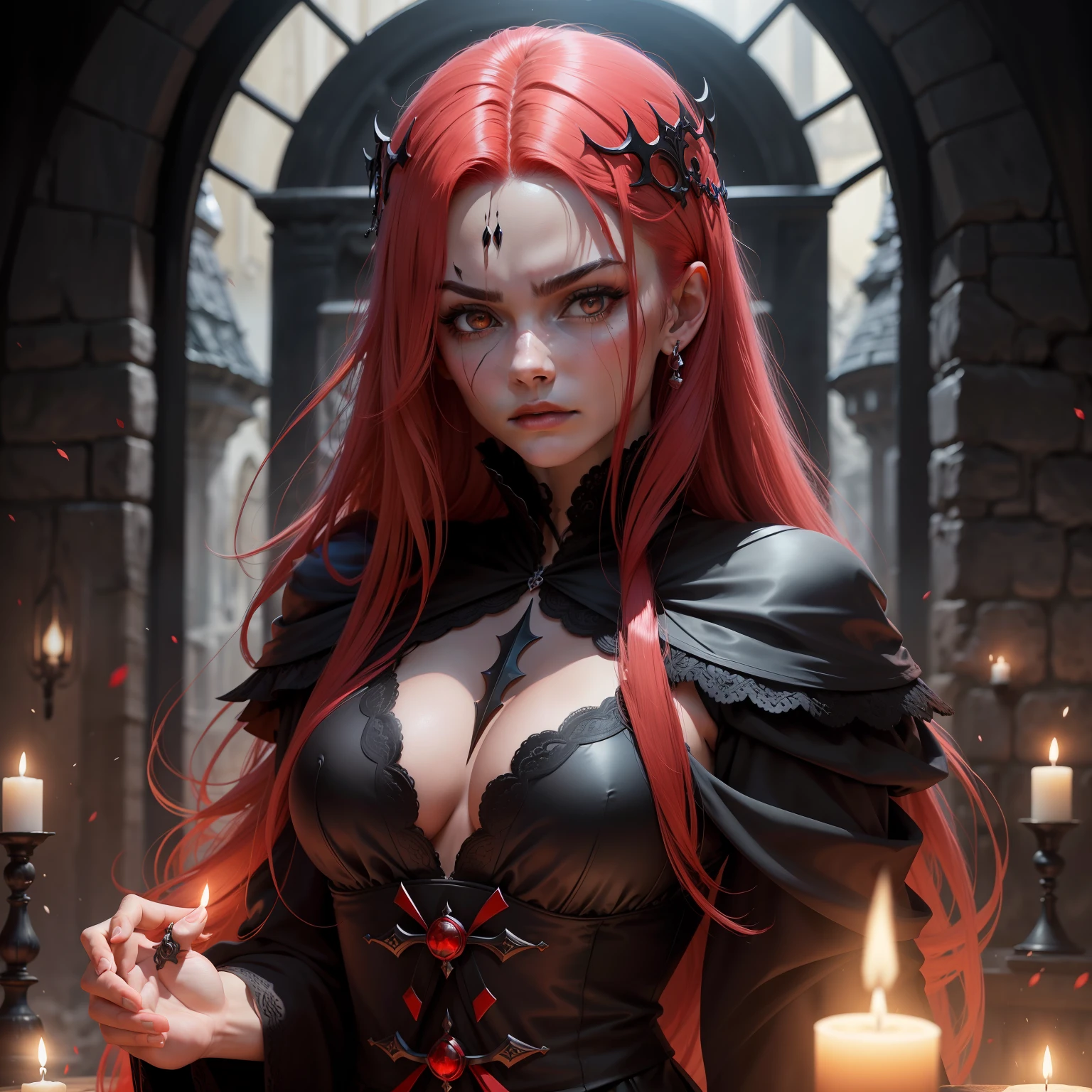 Uma bruxa que controla sangue , com cabelos vermelhos e levemente encaracolados , com uma beleza suavemente perigosa , A serious face is delicate , black clothes and a magical red robe , um ambiente de castelo ensanguentado e olhos vermelhos reluzentes