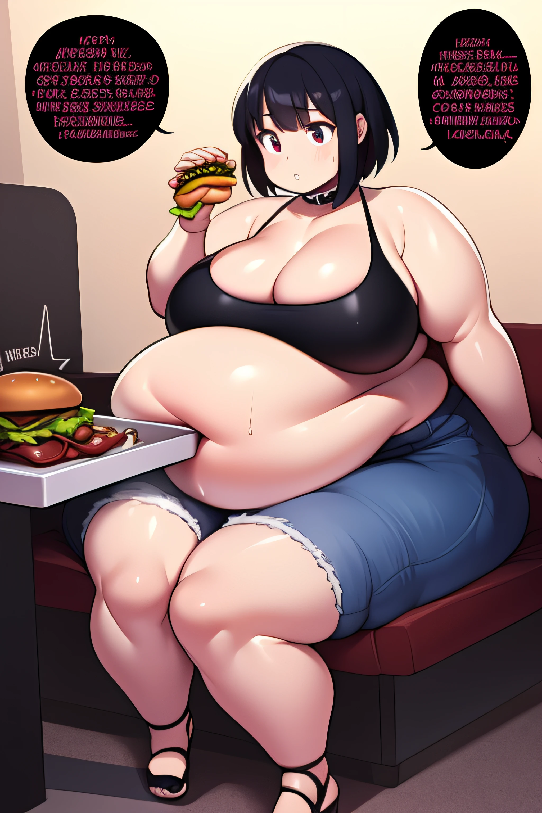 cartoon of a fat woman with tiny red devil horns sitting at a table with a giant greasy layered burger, goth, gothic, dark colors, black hair, dark hair, short hair, bangs, dark background, gluttony, hungry, anime food, tasty, slobbish, cute, gluttonous expression, lustful expression, burping, belching, huge breasts, giant breasts, cleavage, underboob, huge hips, huge ass, thicc, tight black croptop, jean shorts, spiked choker, exposed belly, huge belly, big belly, vore, vore belly, hand print on belly, fat, belly button, obese, sweaty, glossy, high detail, sexy