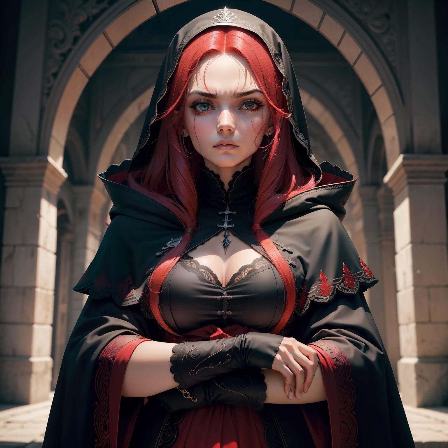 Uma bruxa que controla sangue , com cabelos vermelhos e levemente encaracolados , com uma beleza suavemente perigosa , A serious face is delicate , black clothes and a magical red robe , um ambiente de castelo ensanguentado e olhos vermelhos reluzentes