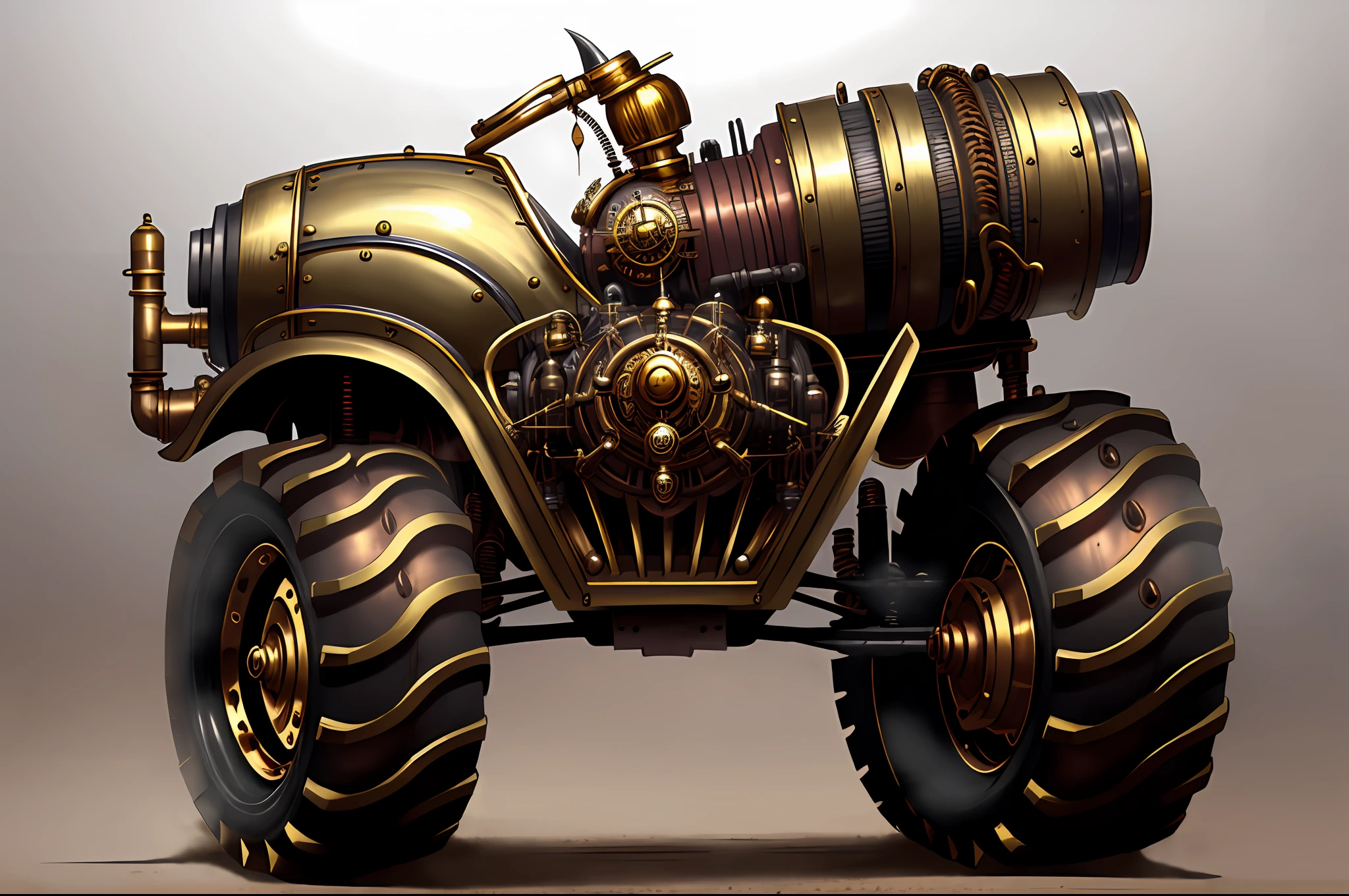 Steampunk monster trucks、from side view、brass、steel、Great photos of pipes、White background