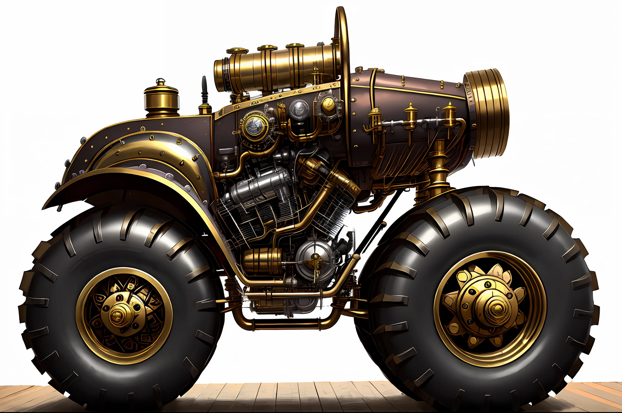 Steampunk monster trucks、from side view、brass、steel、Great photos of pipes、White background