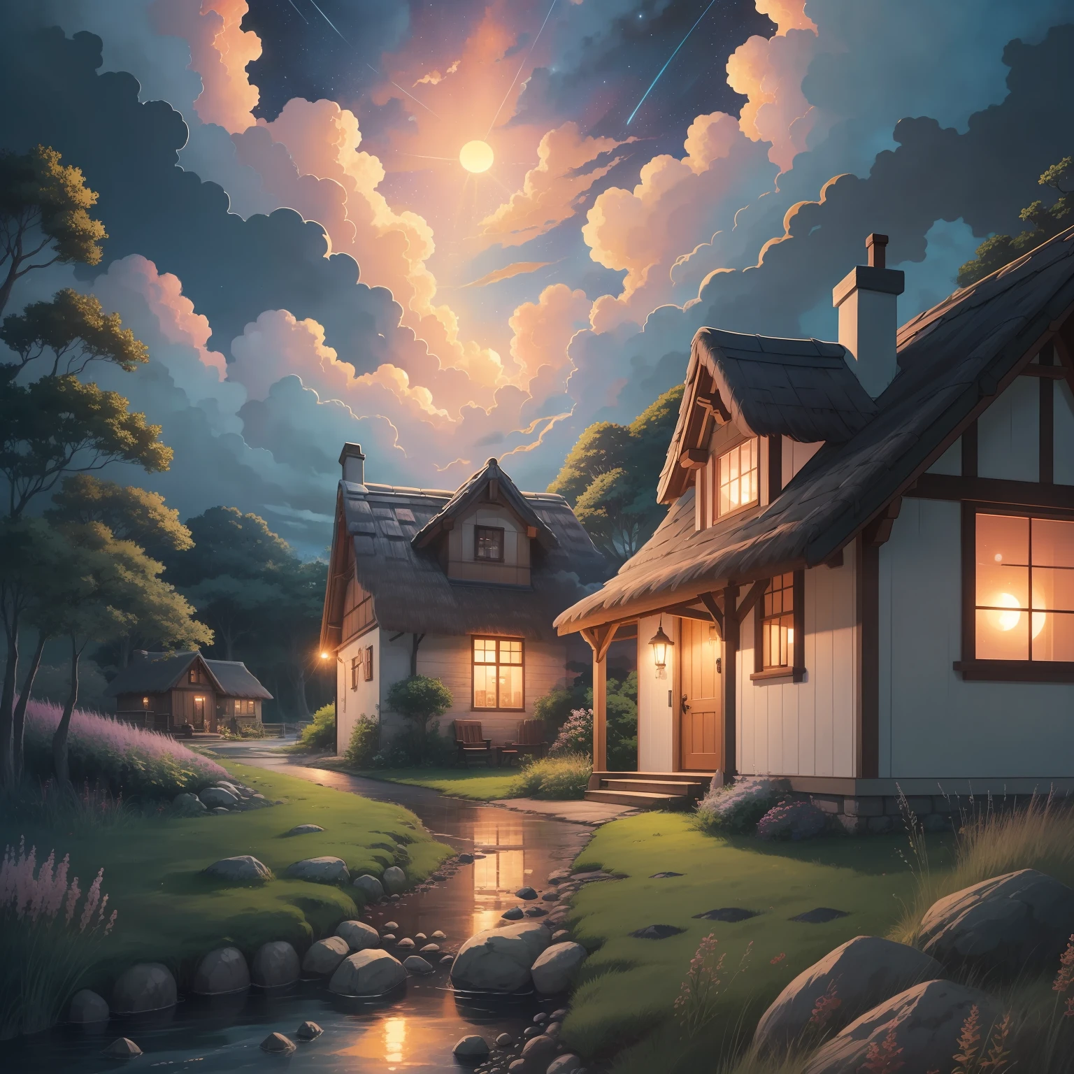 Passage to a Cottage by the sea , cozy scene, anime, clouds, starry sky, sunset, photo realistic, hd, anime, ghibli studio