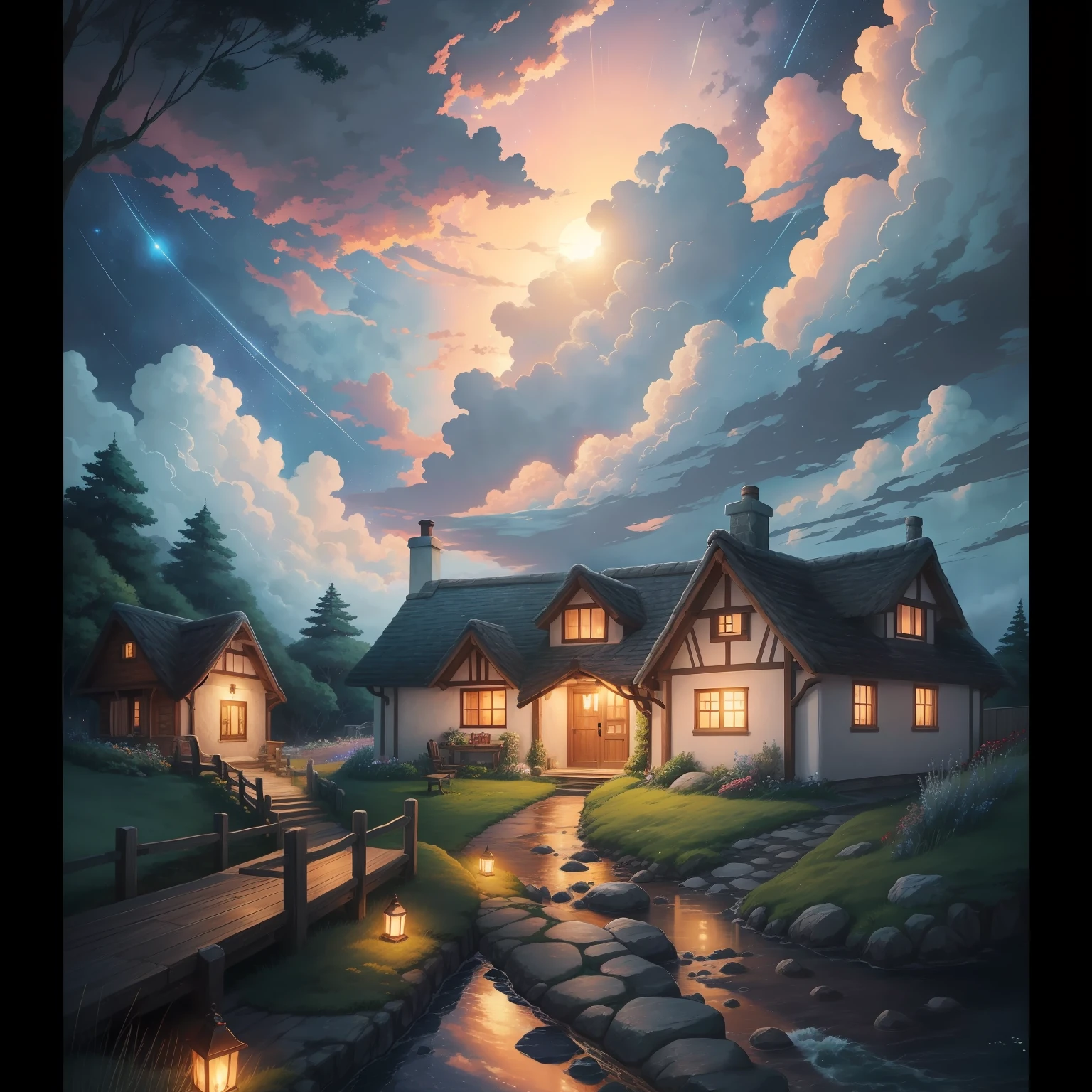 Passage to a Cottage by the sea , cozy scene, anime, clouds, starry sky, sunset, photo realistic, hd, anime, ghibli studio