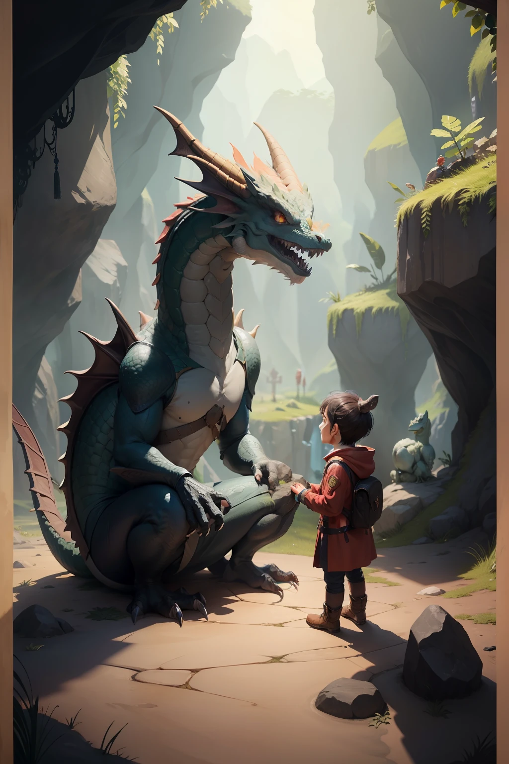 Create a friendly dragon by talking to a little boy in a cave