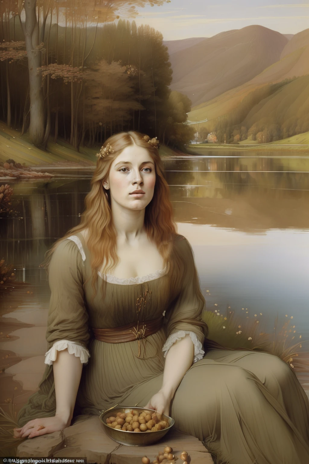 cabelos loiros. (((Pre-Raphaelite painting of a blonde-haired maiden eating hazelnuts, By the lake there is a hazelnut, skip a salmon, paisagem irlandesa, Hazelnuts)))