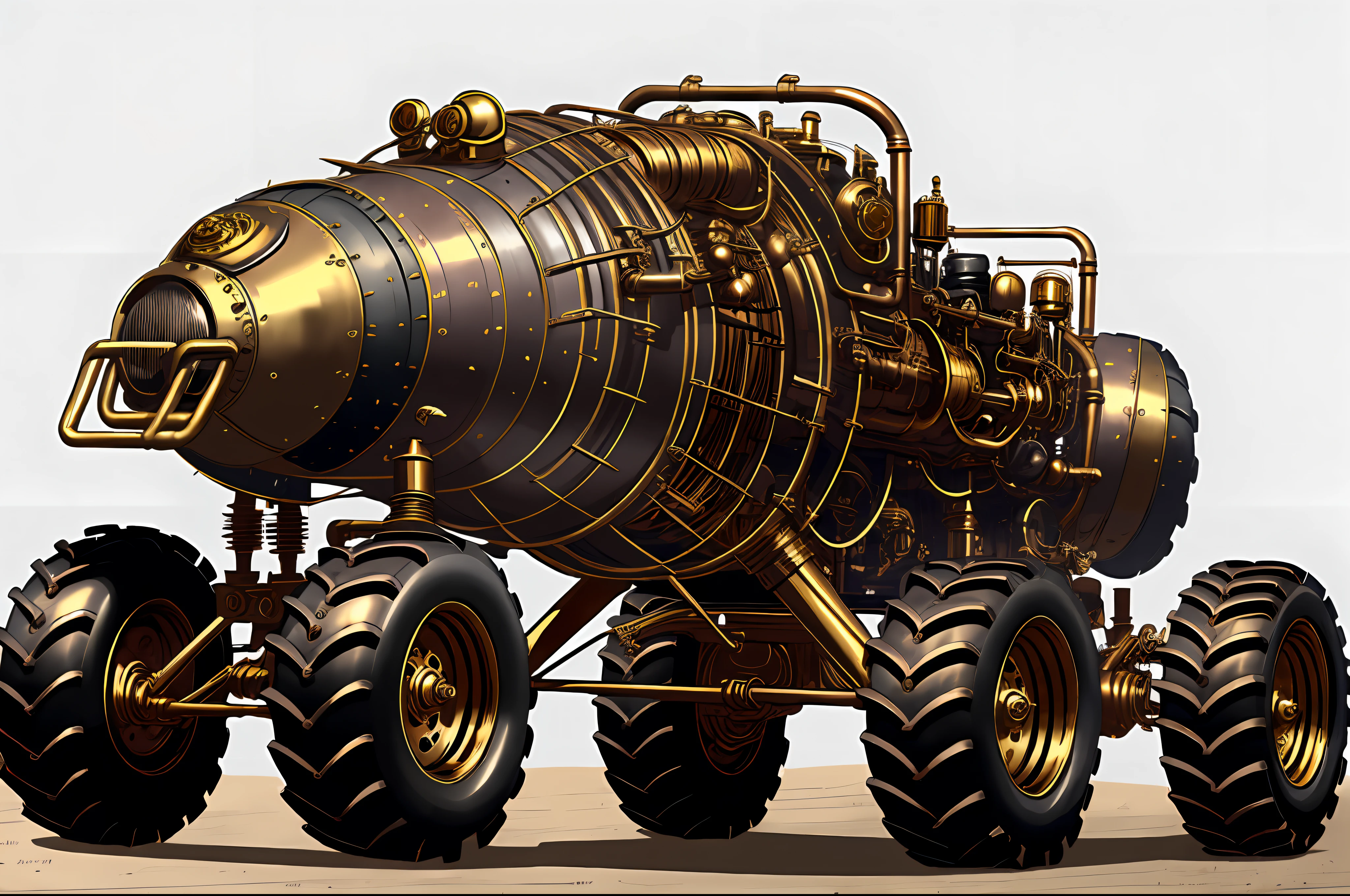 Steampunk monster trucks、from side view、brass、steel、Great photos of pipes、White background