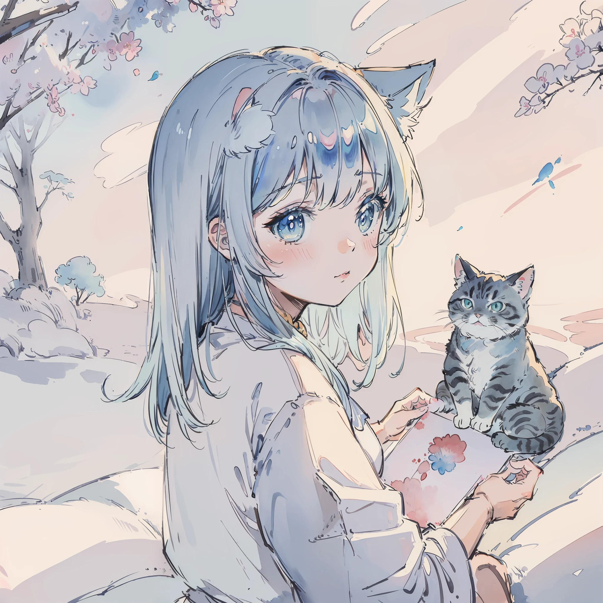 (Best quality1.2、masutepiece)、(watercolor paiting)、A stunning、((Take a cute cat))、kawaii、Light blue hair(Iridescent hair 1.2)、the morning sun
