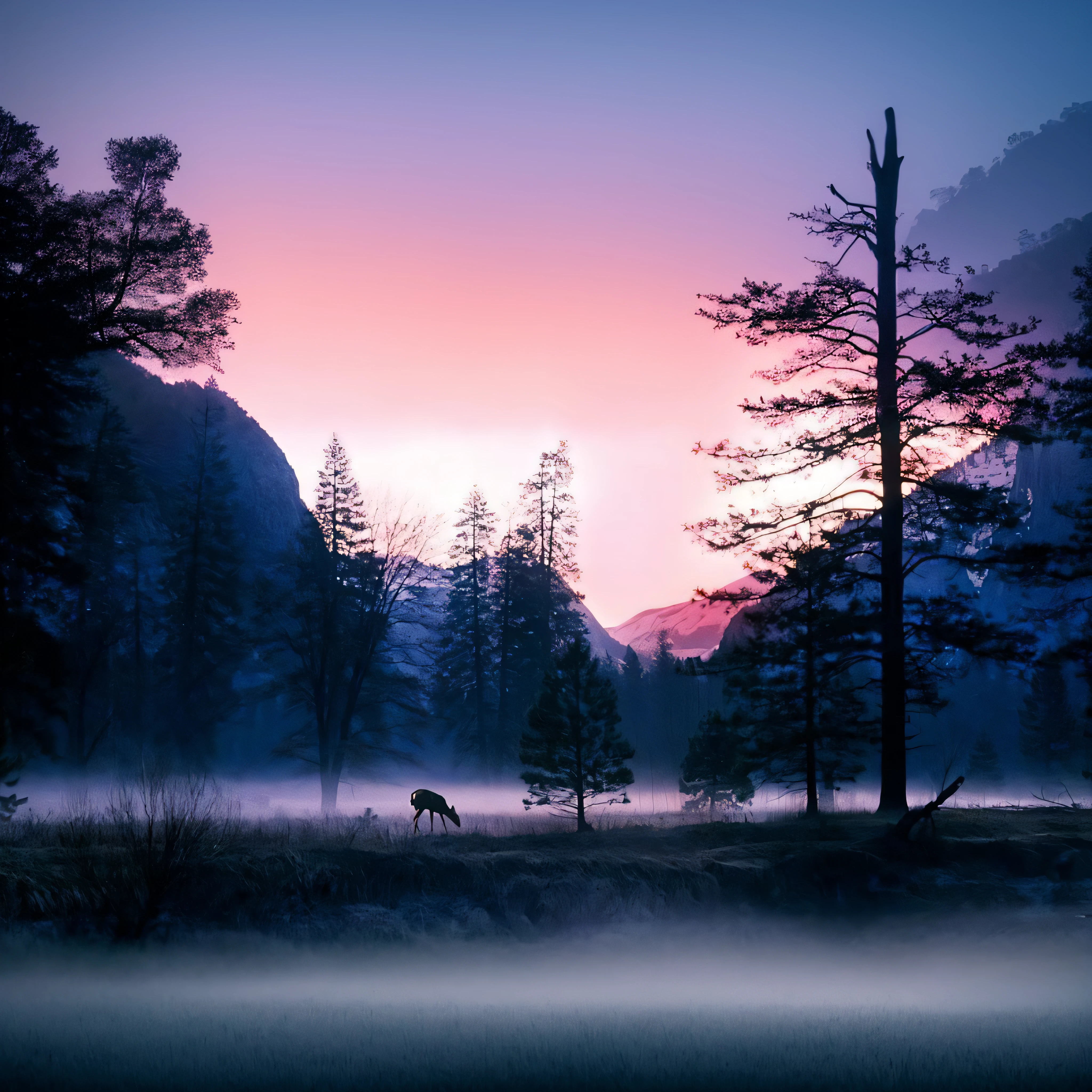trees and grass in a field with a deer in the middle of the field, vida silvestre. atmospheric, beautiful photography, Foto de National Geographic", hermosa naturaleza, Niebla rosa, Naturaleza realmente hermosa, Fotograma del documental Nature, Majestuoso paisaje natural, Extremely beautiful and ethereal, Mystical scene, Impresionante naturaleza en el fondo, A mystical misty glow, mystical setting, purple mist, dream scene