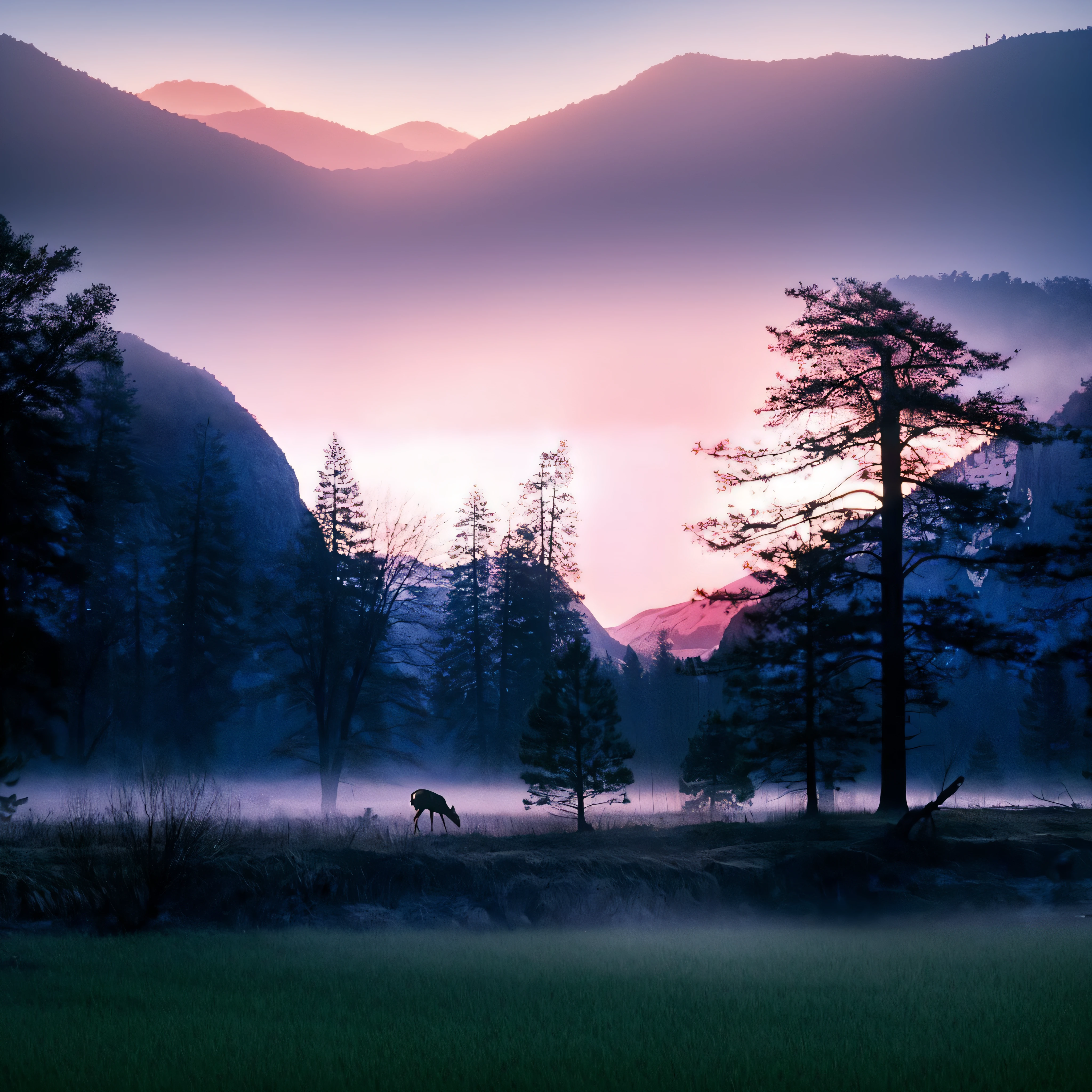trees and grass in a field with a deer in the middle of the field, vida silvestre. atmospheric, beautiful photography, Foto de National Geographic", hermosa naturaleza, Niebla rosa, Naturaleza realmente hermosa, Fotograma del documental Nature, Majestuoso paisaje natural, Extremely beautiful and ethereal, Mystical scene, Impresionante naturaleza en el fondo, A mystical misty glow, mystical setting, purple mist, dream scene