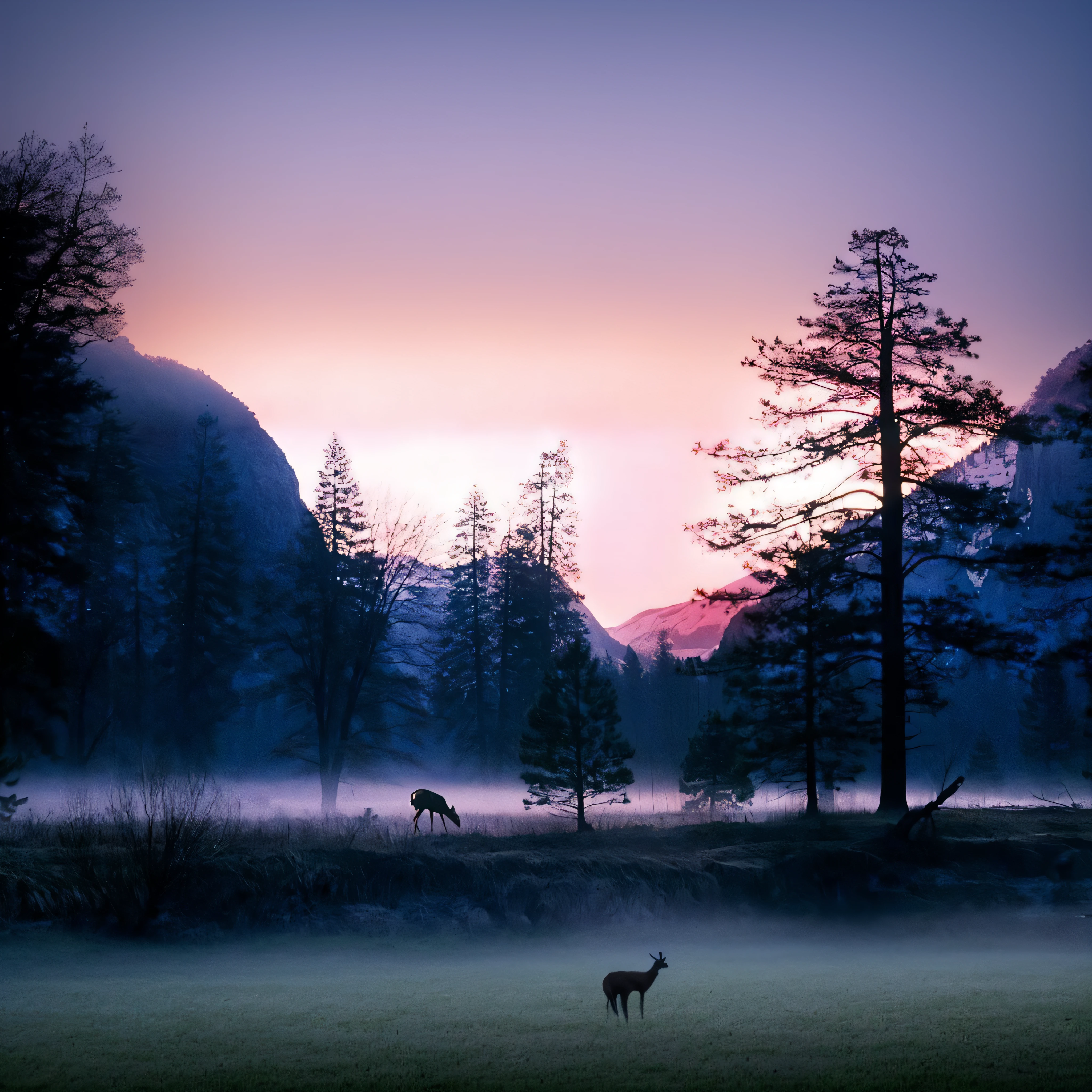 trees and grass in a field with a deer in the middle of the field, vida silvestre. atmospheric, beautiful photography, Foto de National Geographic", hermosa naturaleza, Niebla rosa, Naturaleza realmente hermosa, Fotograma del documental Nature, Majestuoso paisaje natural, Extremely beautiful and ethereal, Mystical scene, Impresionante naturaleza en el fondo, A mystical misty glow, mystical setting, purple mist, dream scene