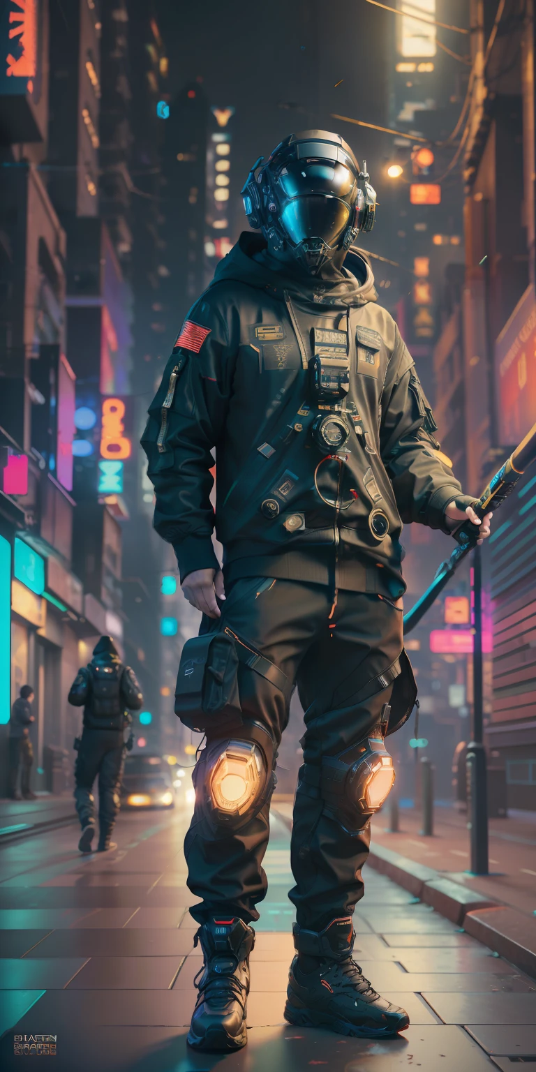 (masterpiece, full body shot, intricate raw photography) Cyberpunk citizen, comfortable oversize black hoodie, black cargo pants, black clothes, dark, wearing a black helmet hitech style Astronaut, intricate, futuristic, advanced technology, dark environment, dramatic, light and shadow, cinematic, action movie, sharpness, random relaxed position, Cyberpunk City, street lights, dark street, night, Insta photo, photo of the year, octane render, substance, Maya 3D, cinema4D, ArtStation Trending, Devian Art Trend,