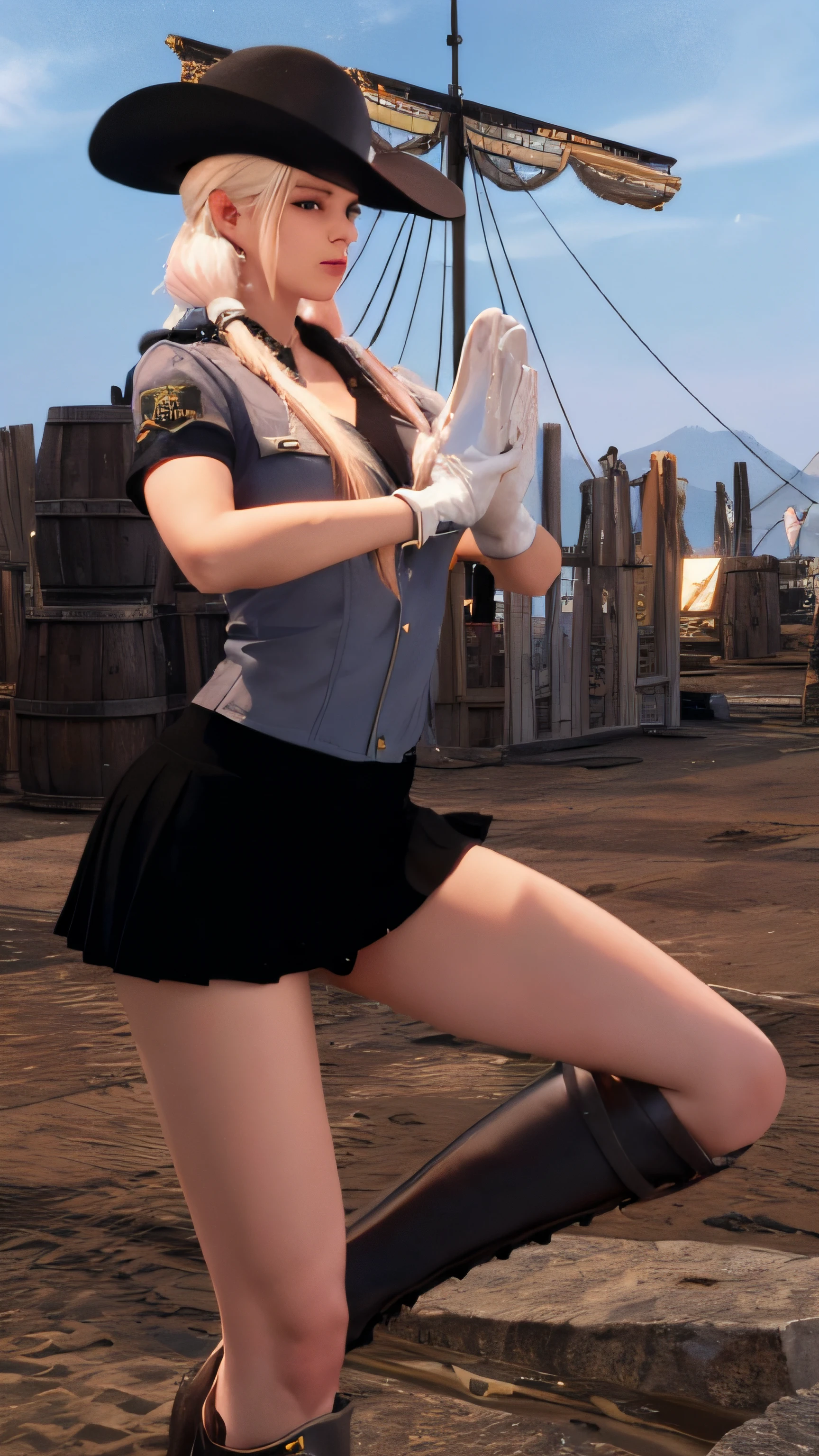 There is a woman in a short skirt and hat posing, uniformes femininos de marinheiro, Uniforme de marinheiro, fazendo uma pose atrevida, twintails branco_Luvas, Estilo de pista Azur, roupa de empregada, traje: soprar, noire cena mal-humorada, Pose de luta, Do videogame Azur Lane, roupa de soldado, Pose de combate, mortos ou vivos 6, uma pose, Pose de luta
