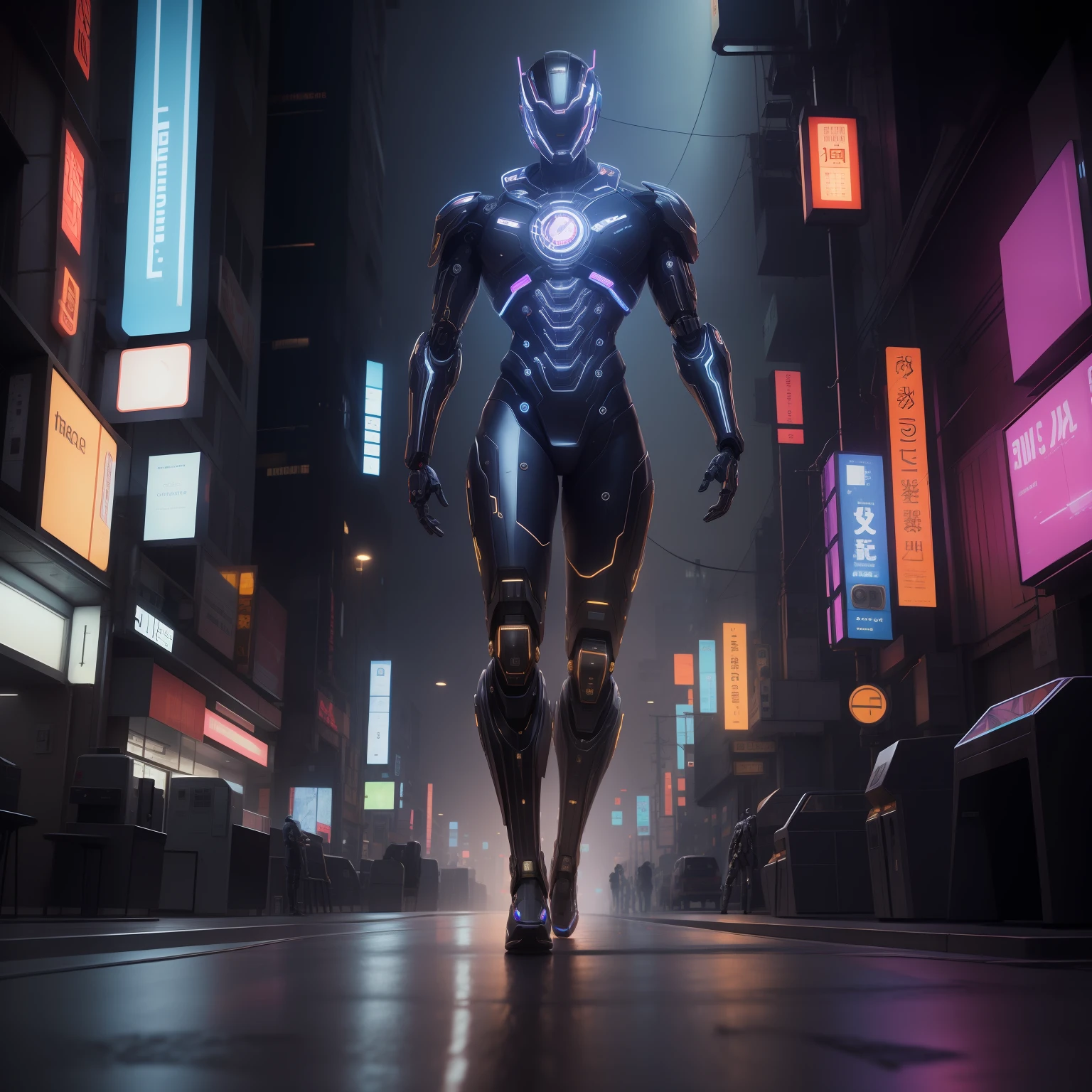 sue3, an award winning photograph of a beautiful man posing full body, legs, pumps, clocks, stainless steel, wires, neon neural network, feet, walking down a busy street, halo, intricate cyberpunk robot, highly detailed,