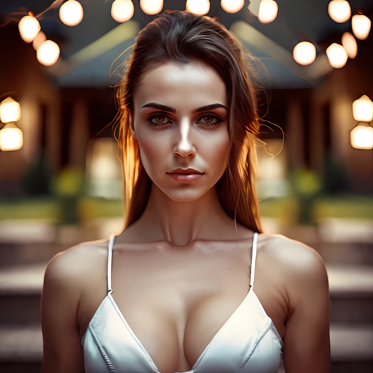 closeup portrait of a young sexy Ukrainian woman with revealing Fit and flare dress in Spa retreat , symmetrical face, Outdoor lighting, Brooding atmosphere, sharp eyes